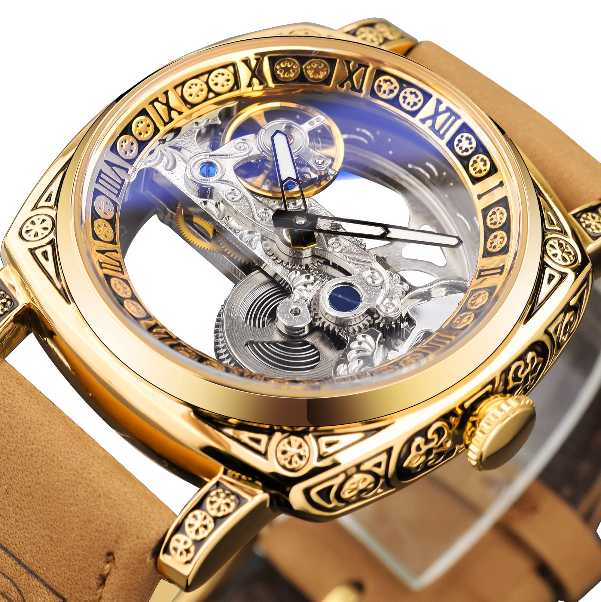 FORSINING Relojes de pulsera para hombre, diseño clásico de esqueleto cuadrado transparente, automático, mecánico, de cuero, luminoso, resistente al agua