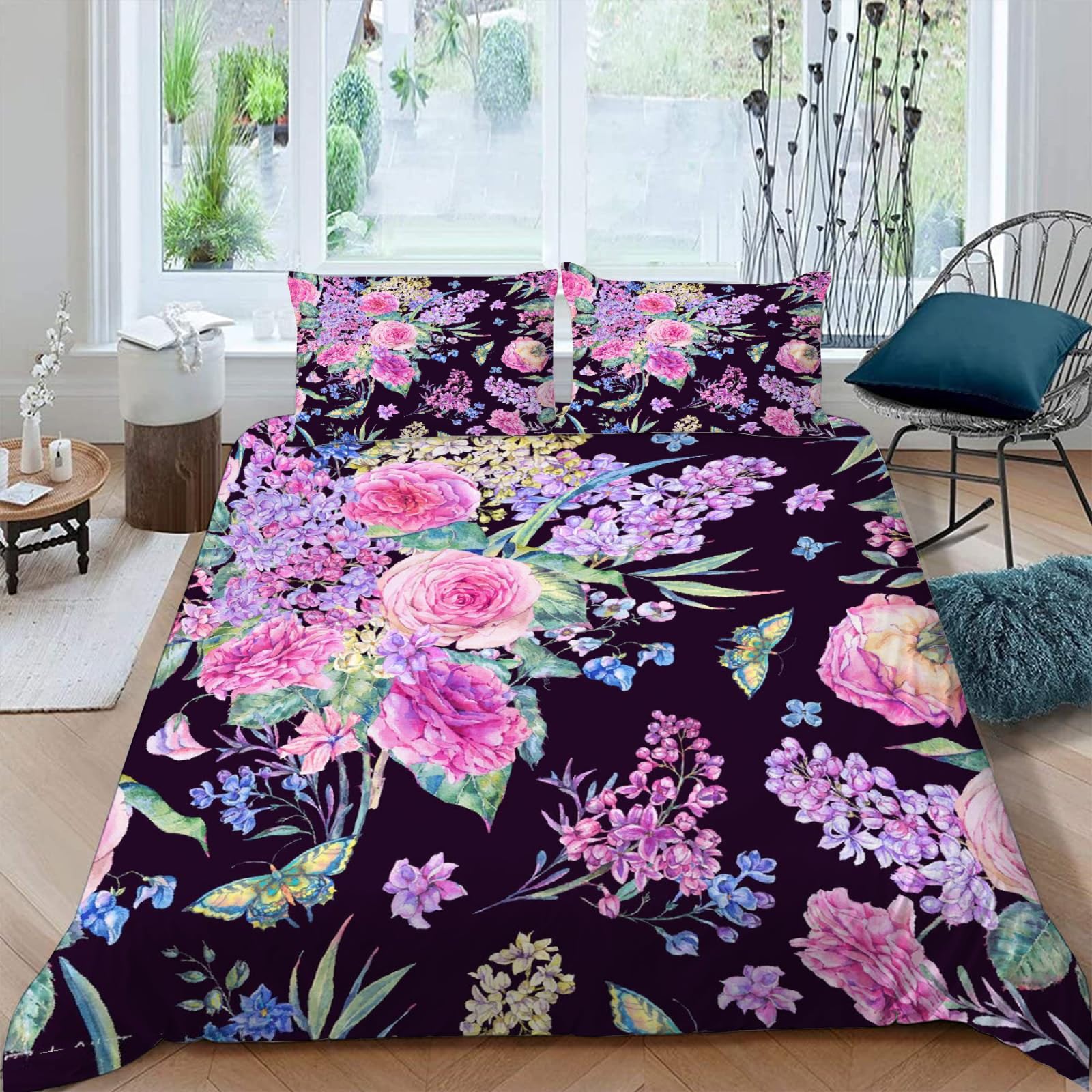 Housse de couette 140x200 fleurs 3D et papillon avec 2 taies d'oreiller 65x65