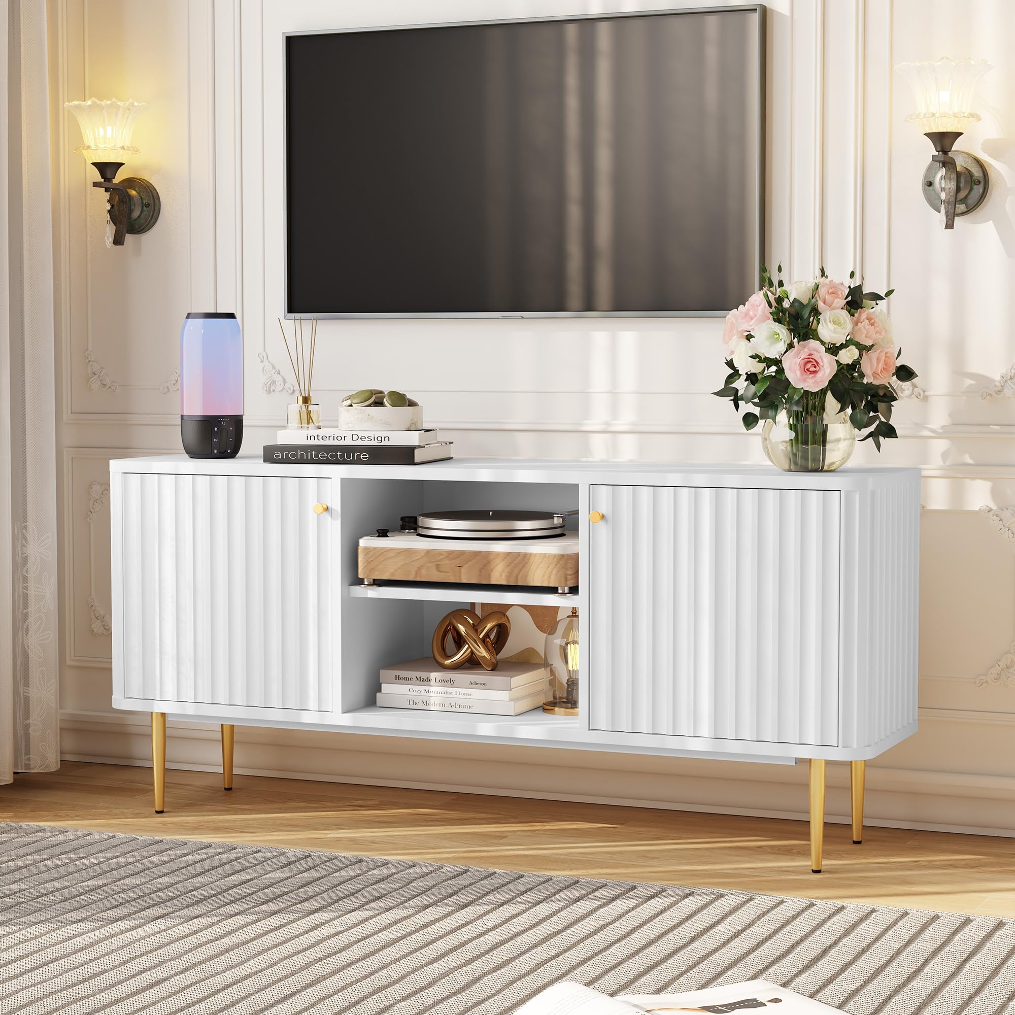 TV-Schrank-Fernsehschrank Holz Fernsehtisch mit 2 Türen Lowboard für Fernseher TV-Regal für Wohnzimmer, Esszimmer, Schlafzimmer, Moderne Stil,Weiß
