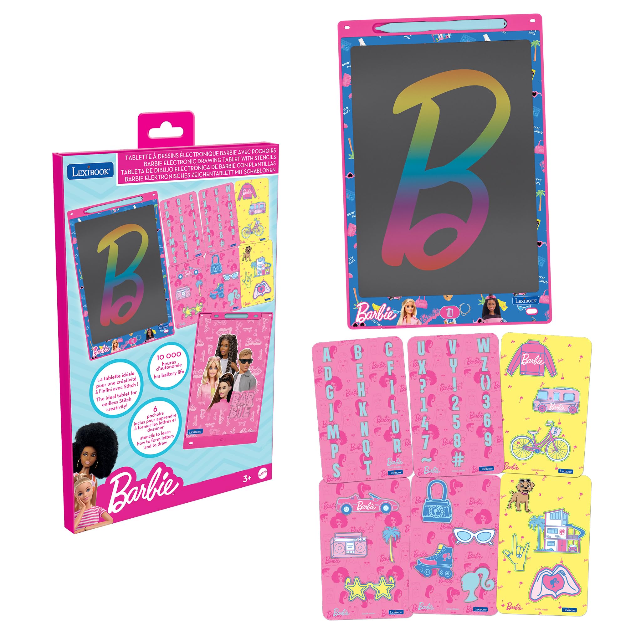 LEXIBOOK, Barbie, Magic Slate, Artistic and Creative Toy for Girls and Boys, Multicolored Drawings, 28 cm Screen, Includes 1 Stylus and 6 Stencils, Pink/Blue, CRT10BB
