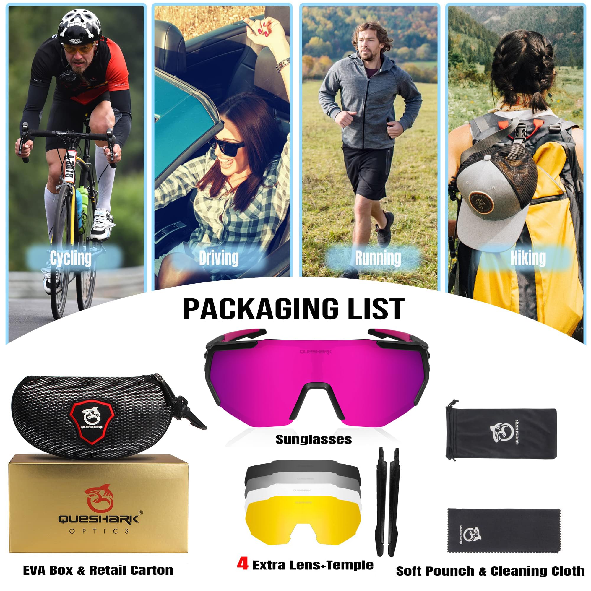 Queshark Okulary rowerowe, polaryzacyjne, sportowe okulary przeciwsłoneczne dla mężczyzn i kobiet, z 5 wymiennymi soczewkami, anty-UV400, do jazdy, wędkowania, baseballu, biegania, wędrówek