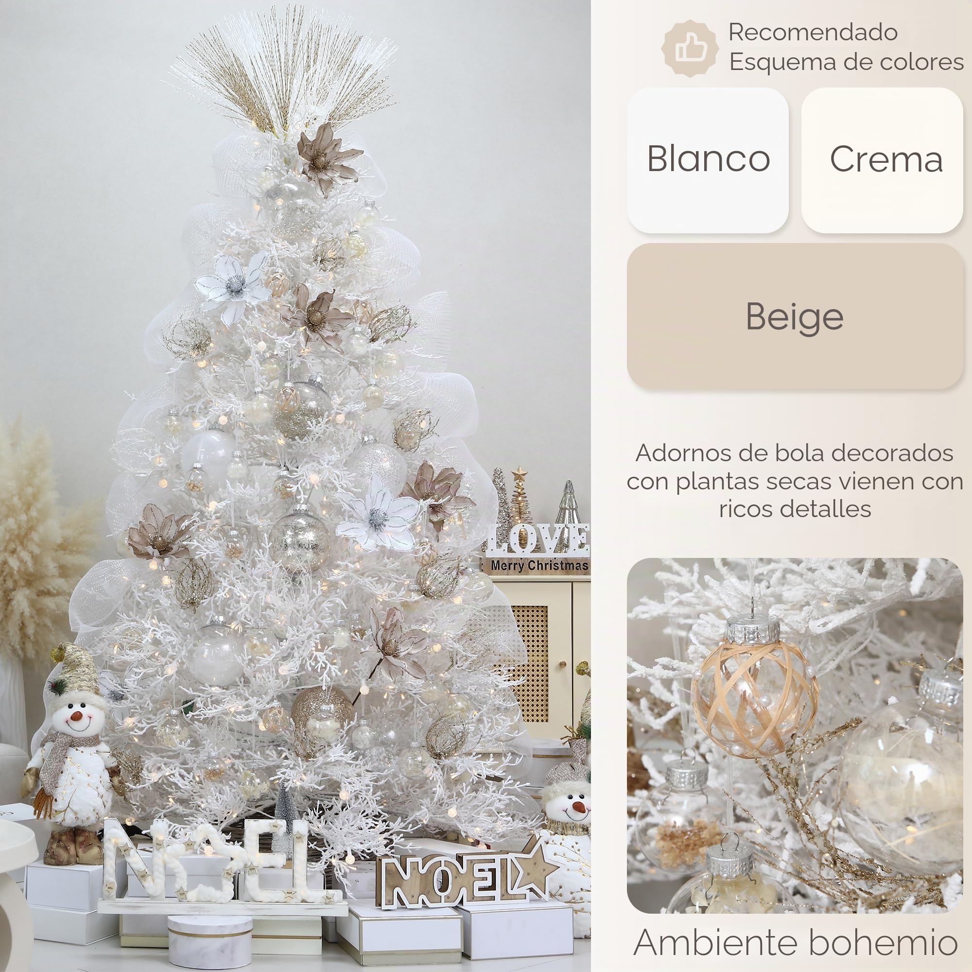 Sea Team Paquete de 16 bolas de Navidad transparentes con plantas secas rellenas, decoraciones de plástico irrompibles para árbol de Navidad, guirnaldas, guirnaldas, 60 mm, beige y blanco