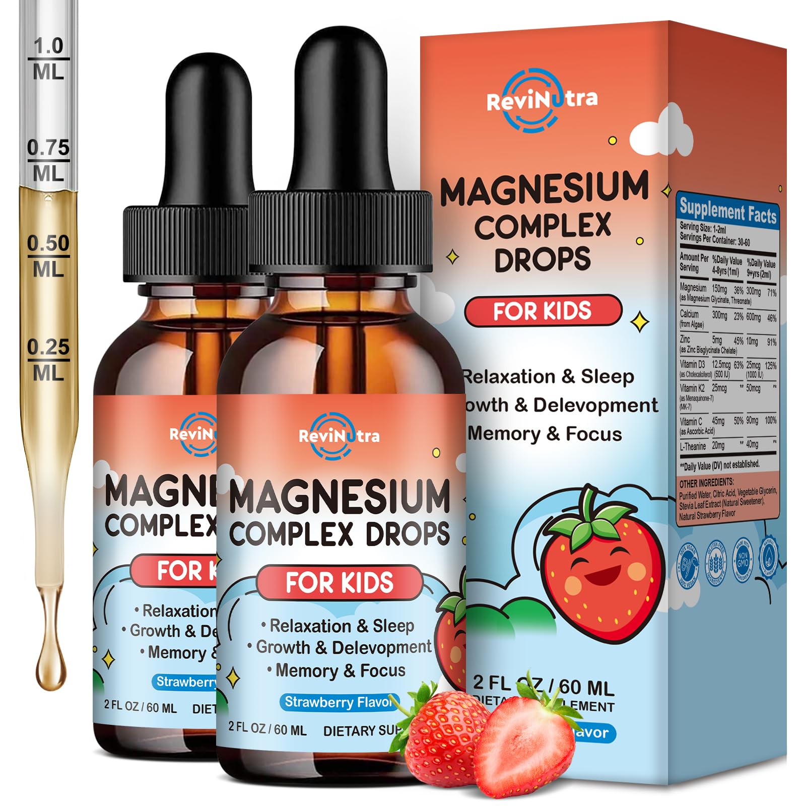 Kids Magnesium Liquid Drops - Magnesium Glycinate Liquid for Kids, Magnesium Supplement with L-Theanine, Calcium, Zinc, Vitamin D3 K2 for Sleep Calm Relaxation Brain Bones, Pineapple Flavor 2 Fl Oz — Amazon image 15