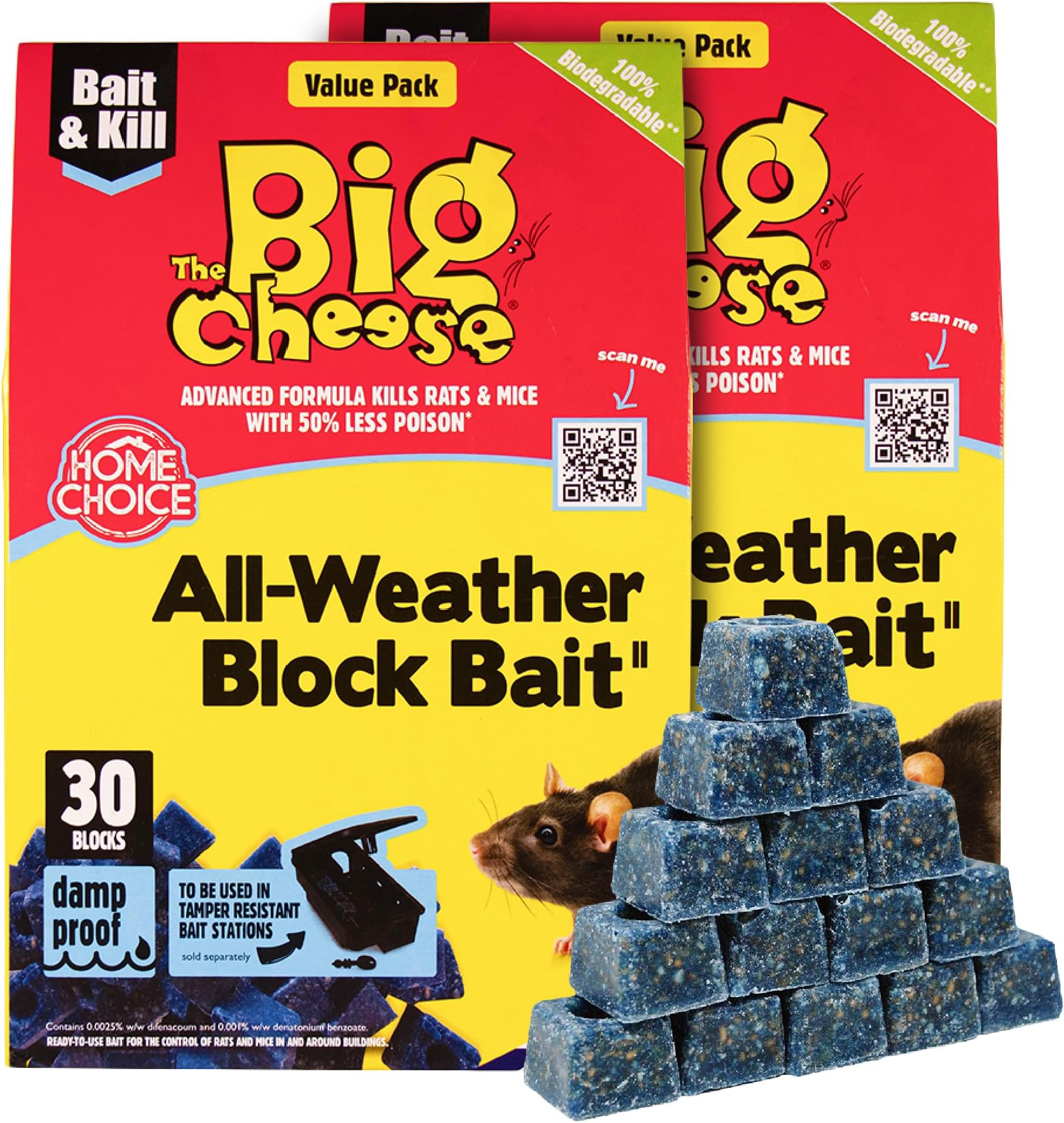 All-Weather Bait Block Multi Pack x2 - 30 x 10g, Pest Control Product - Rat Killer For Mouse Traps, Damp-Proof, Weather-Resistant - Super Strength Rat Poisoning, Pet Safe
