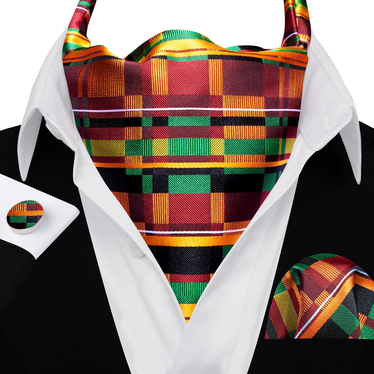 Barry.Wang Ascot Ties Cravat Tie Men Paisley Plaid Scarf Self Tie Pocket Square Cufflinks Set Wedding Party - Image 3