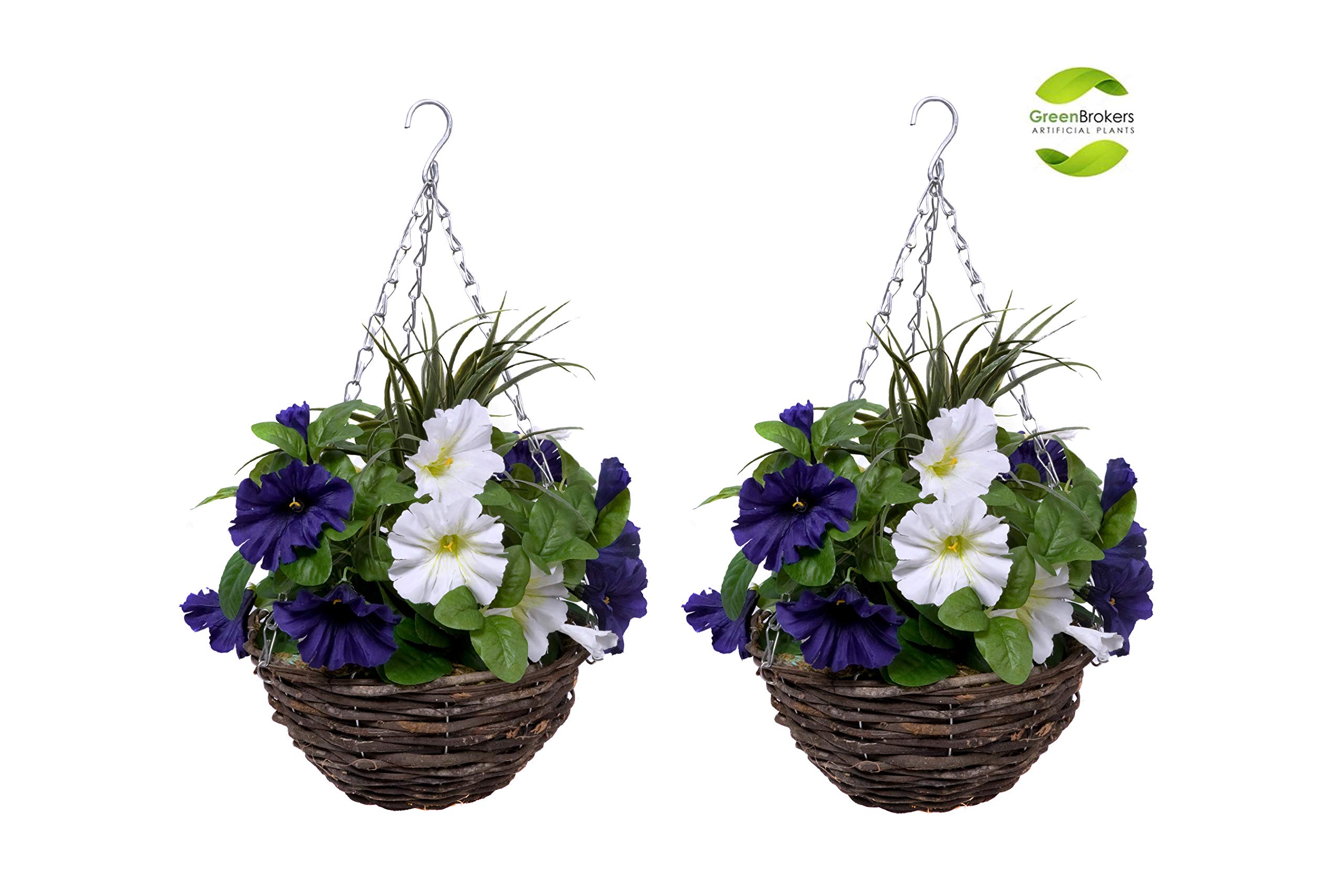 GreenBrokers Rattan 2X Artificial Round Hanging Baskets with Dark Purple & White Petunias and Decorative Grasses (Set of 2)