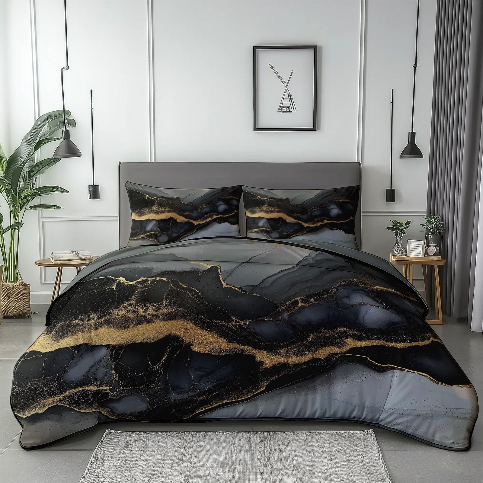 Generico Set Copripiumino Matrimoniale 200 x 200 cm, Copripiumino Matrimoniale 3 Pezzi in Microfibra Con Motivo Moderno Marmo Linee, Comprendente 1 Copripiumino + 2 Federe, Verde Chiaro