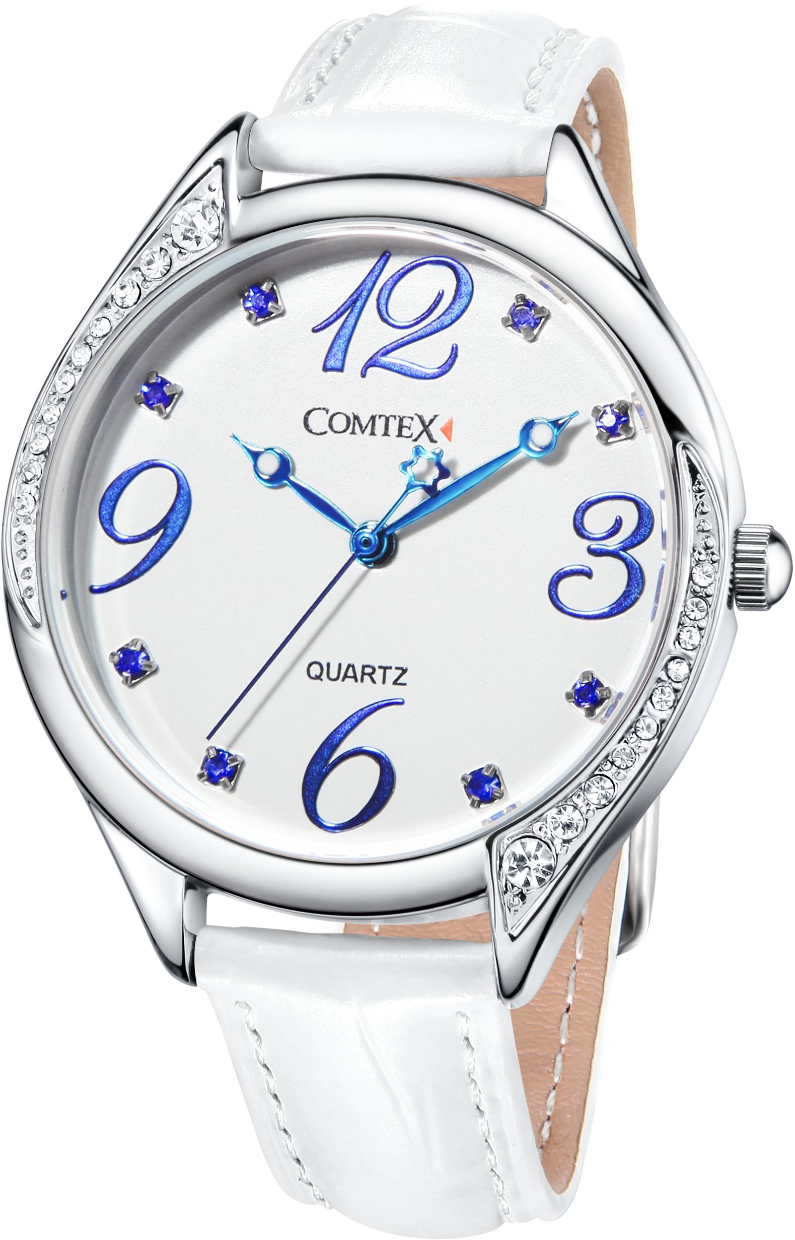 COMTEX Orologio da donna bianco con quadrante grande, in pelle, color oro rosa, cinturino in pelle bianca