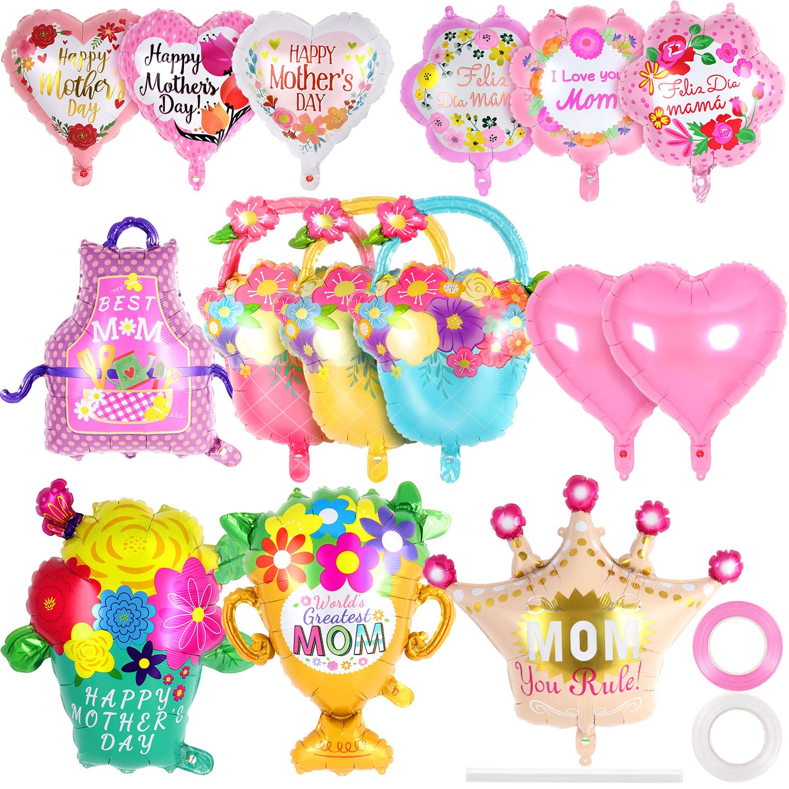 Photo 1 of 15 Pcs Happy Mother’s Day Balloons,Mom Foil Balloons,Mother's Day Party Balloons,Mothers Day Heart Mylar Balloon for Mothers Day Mom Birthday Party Wedding Party Decorations