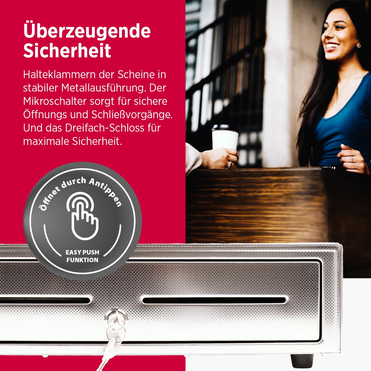 Olympia LD 410S Kassenschublade | Geldkassette abschließbar mit Einwurfschlitz | RJ12-kompatibel | 8 Münz- & 4 Scheinfächer+Halteklammern | Metallgeldbox für Handel & Gastronomie | 41,5x41x10,4 cm