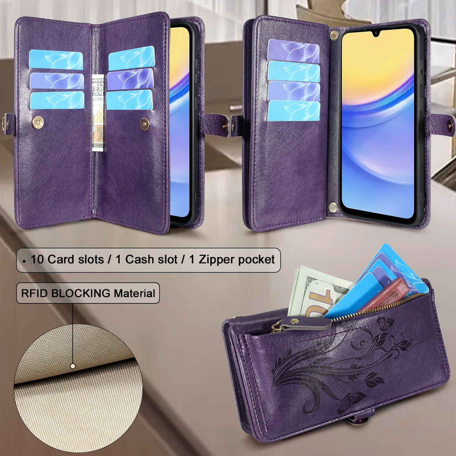 Lacass for Samsung Galaxy A15 5G Case Wallet,[Cards Theft Scan Protection] Card Holder Zipper Leather Flip Cover Crossbody Wrist Strap with Stand for Galaxy A15 Phone case(Floral Dark Purple)