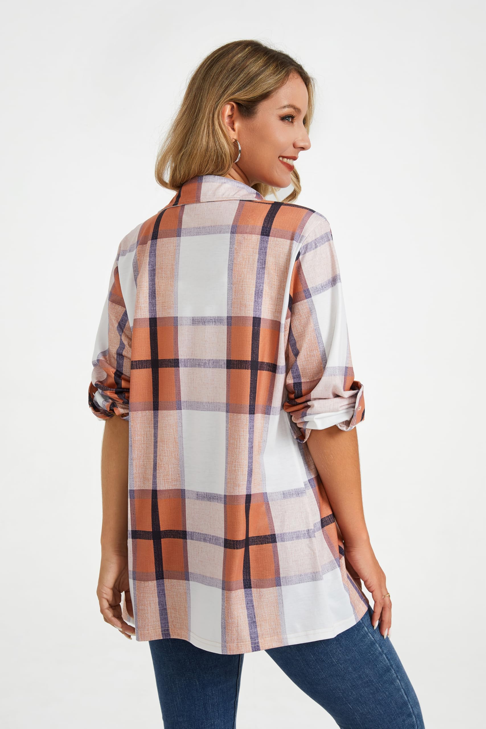 Enmain Camisa a Cuadros Mujer Manga Larga Camisa Elástica Botones Blusas de Cuadros con Bolsillos