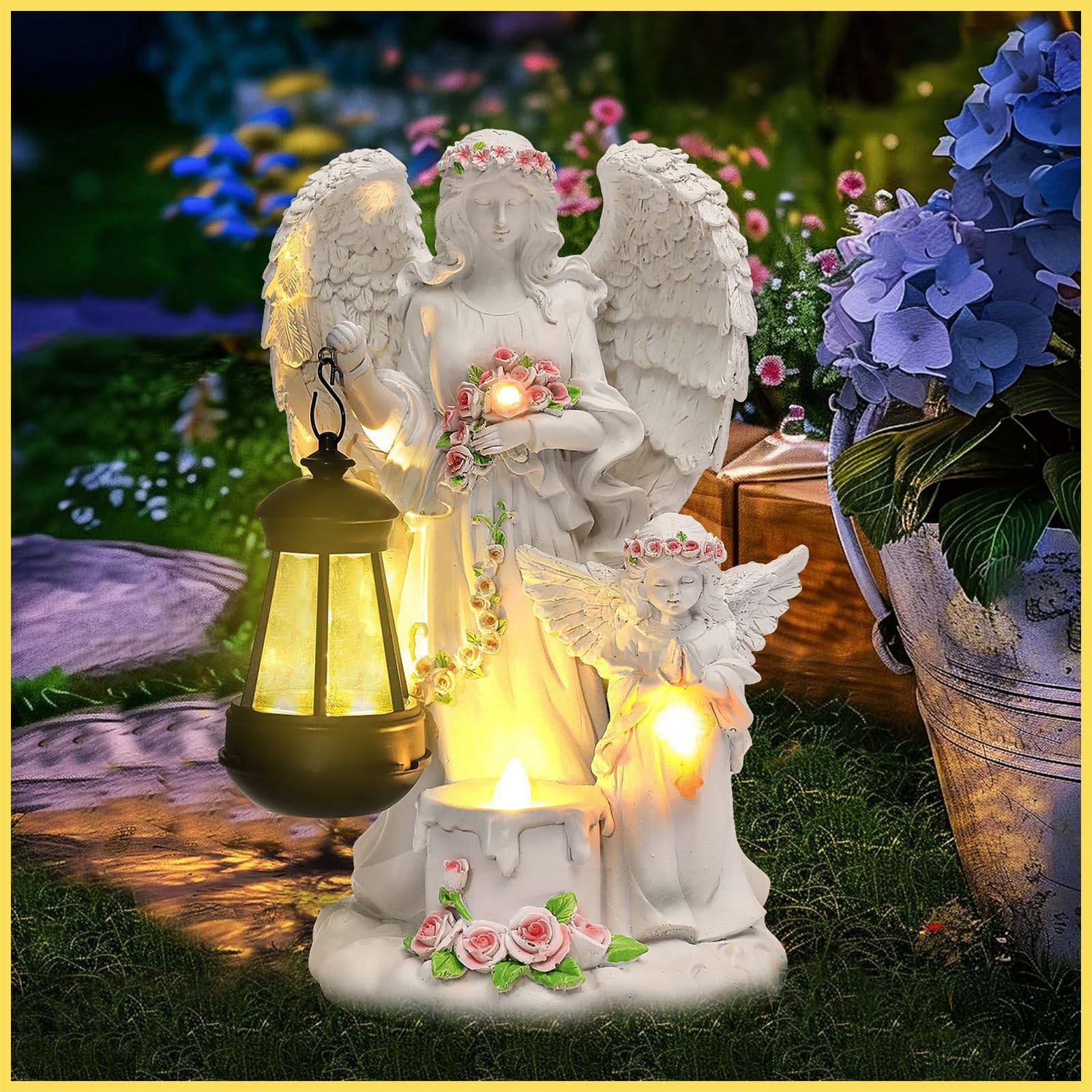 Solar Engel Gartenstatuen,Fairy Engel Figur mit LED Solar Laterne,Engel Skulptur Deko Rasen, Grabschmuck Wetterfest,Gartenstatue Geschenke für Friedhof Outdoor Gartendekoration