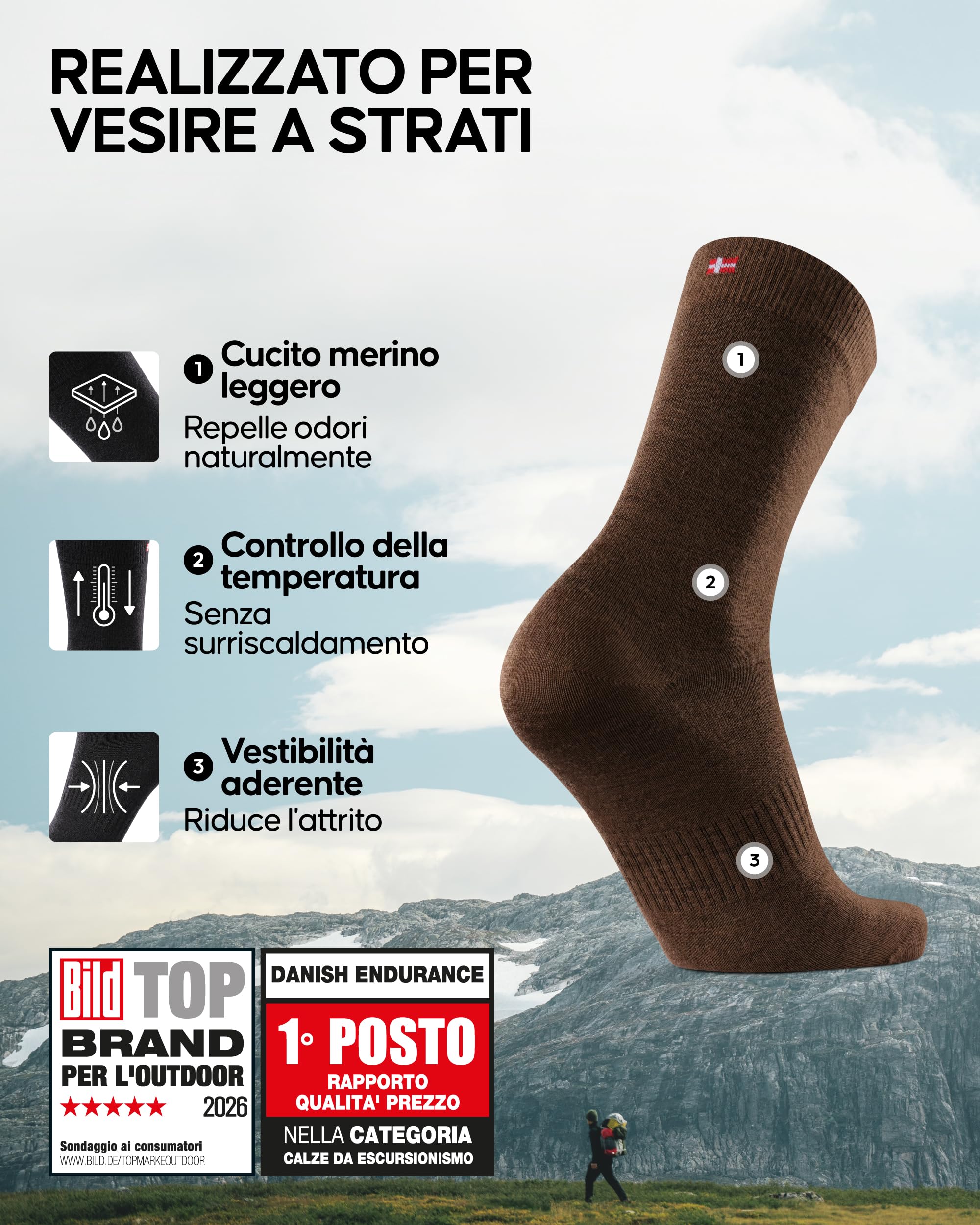 DANISH ENDURANCE Calzini Lana Merino, Anti-Vesciche, Donna Uomo, Ultra Sottili, Sotto Calze Termiche per Sport Invernali, 2 o 4 Paia, Unisex