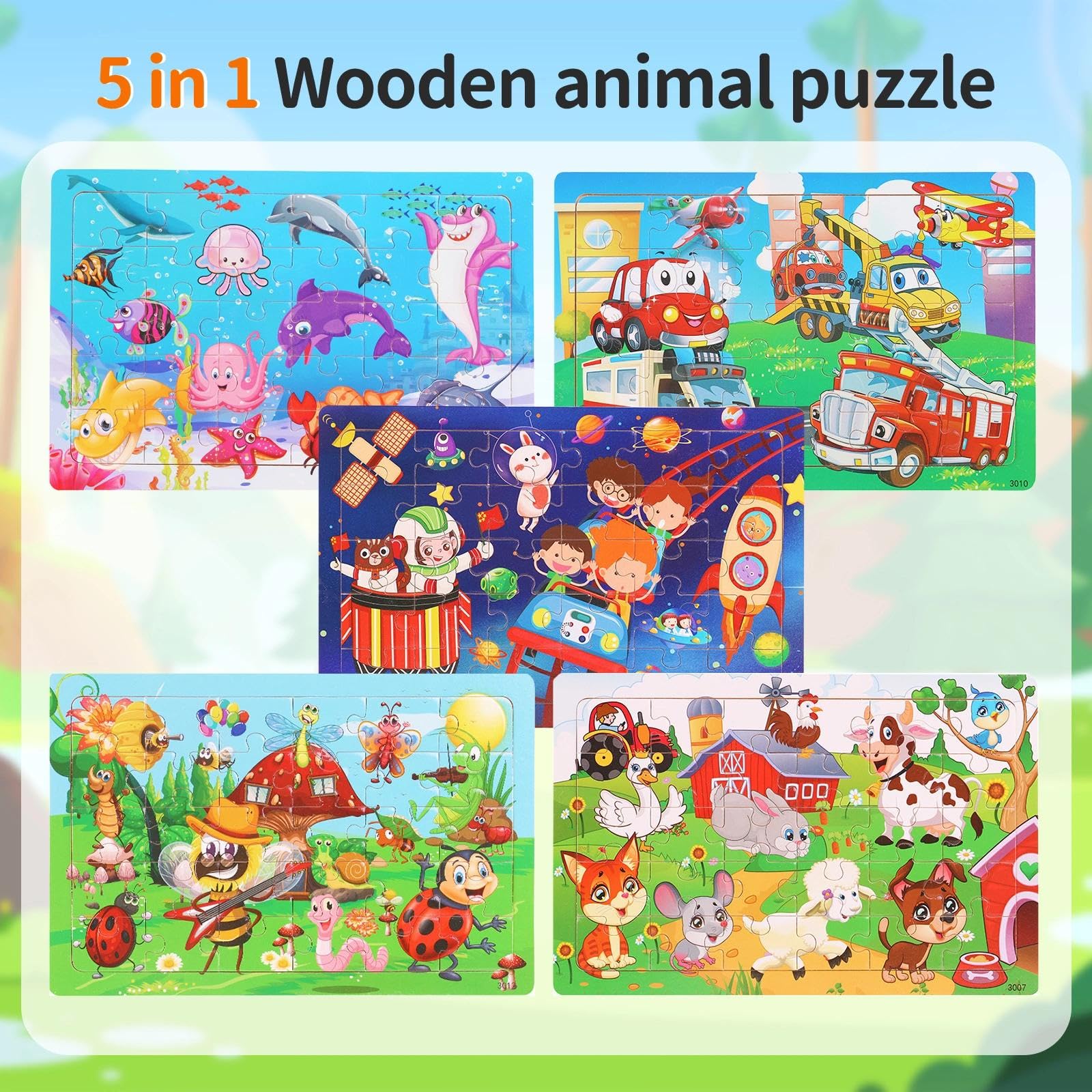 Puzzle Bambini 3 Anni 5 X 24 Pezzi, Puzzle in Legno Animali a Partire, Gioco Educativo Prescolare, Giochi Educativi, Giocattoli Regalo per Bambini da 3 a 8 Anni Ragazzi e Ragazze