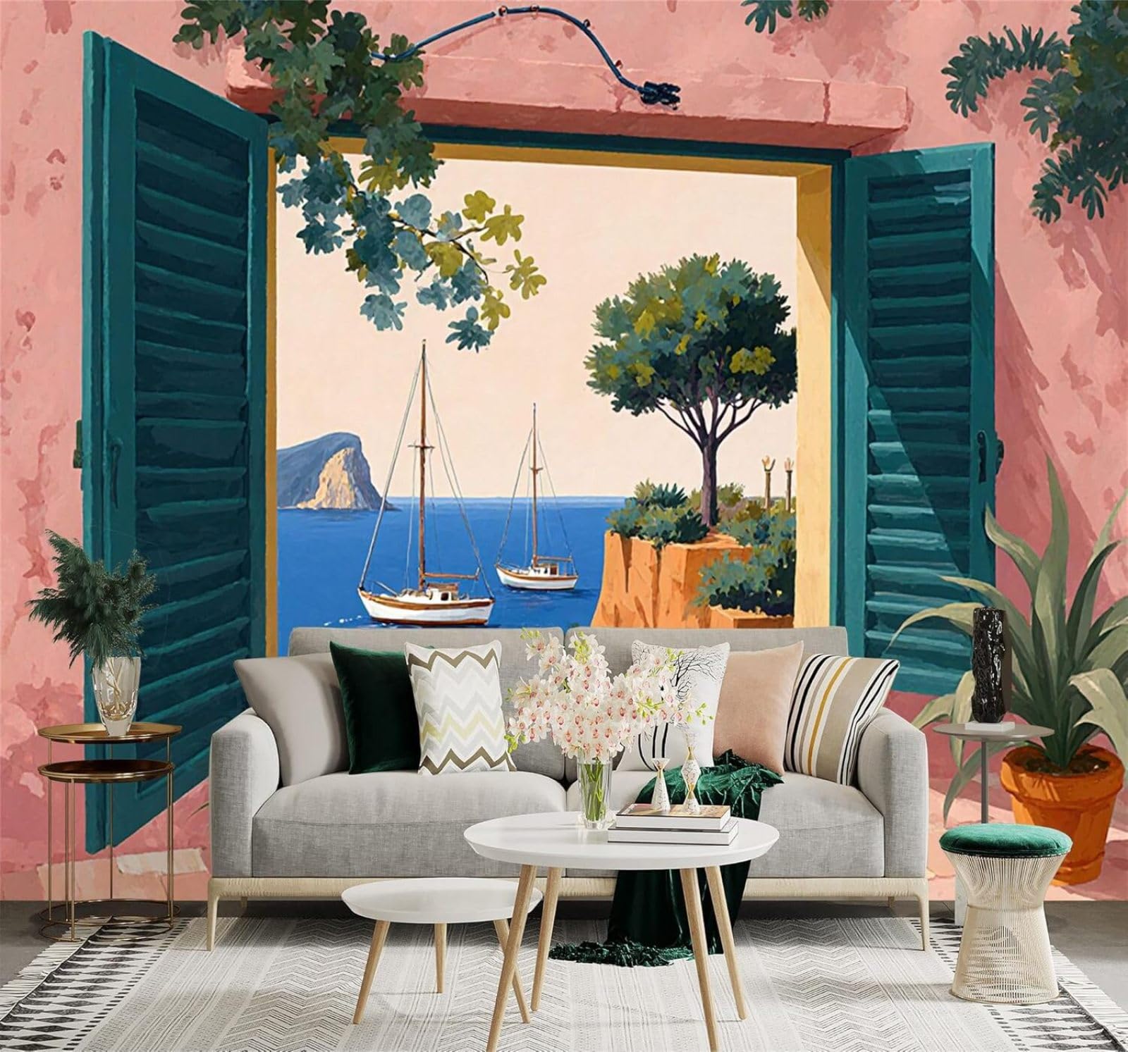 XLMING Blue Sea Sailboat Open Window Coastal Scenery 3D Wallpaper Silky Texture Home Study Office Grey Dining Room Sofa Bedroom Living Room TV Backdrop-300cm×210cm