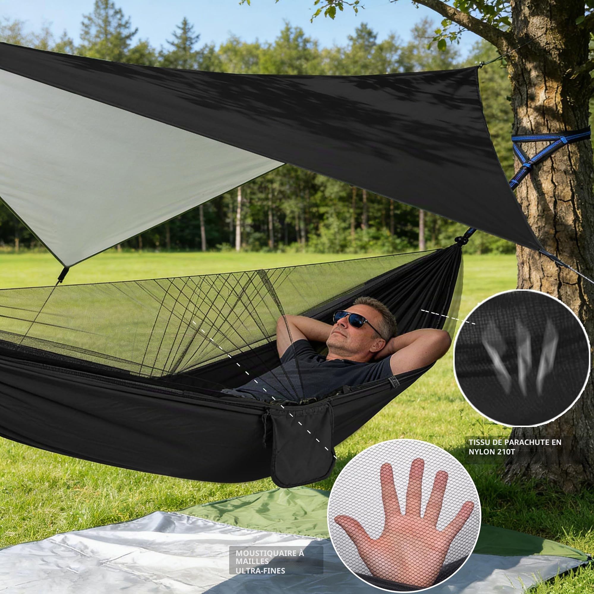 Hamac de Camping avec moustiquaire, hamac Simple et Double léger, Portable en pour 2 Personne pour Le Camping, la randonnée, la Survie, Les Voyages