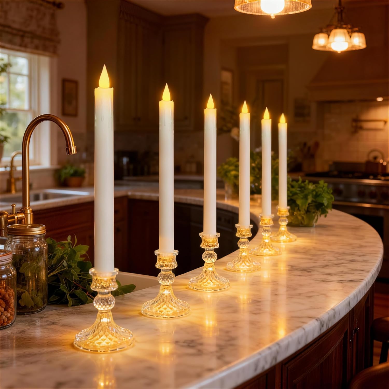 Flameless LED Taper Candles Wish Illuminated Holder-Glass Candle Holder, Remote Timer 2AA Battery Operated 500+ Hours for Thanksgiving/Xmas Decor, Wedding Centerpiece (White, 6 Pack)