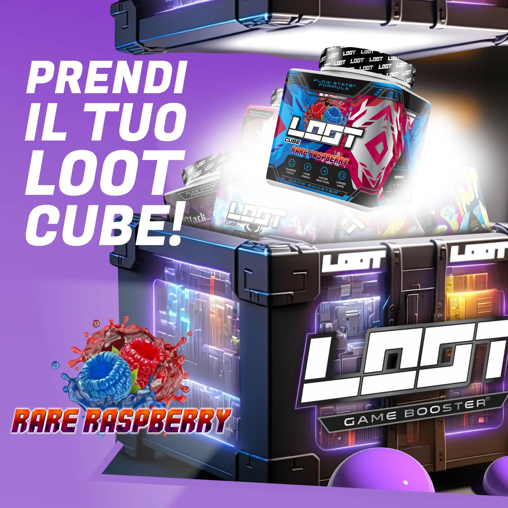 LOOT® - Booster di gioco premium con la formula Flow-State® | 50 porzioni (400g) con caffeina | 20 ingredienti ad alto dosaggio | Design unico | Concentrazione Resistenza Reattività | Lampone raro