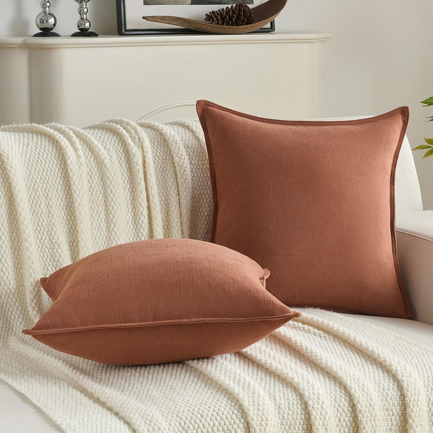 FUTEI Rust Chenille Throw Pillow Covers 18x18 Inch Set of 2,Edges Double-Stitched Cushion Cases,Modern Home Decor for Couch Living Room