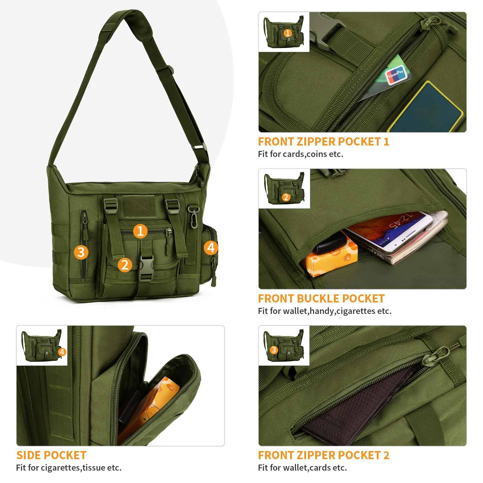 Borsa A Tracolla Tattica Uomo HUNTVP - Per Laptop 14 Pollici, Ideale Per Trekking E Sport | Nera - Foto 8