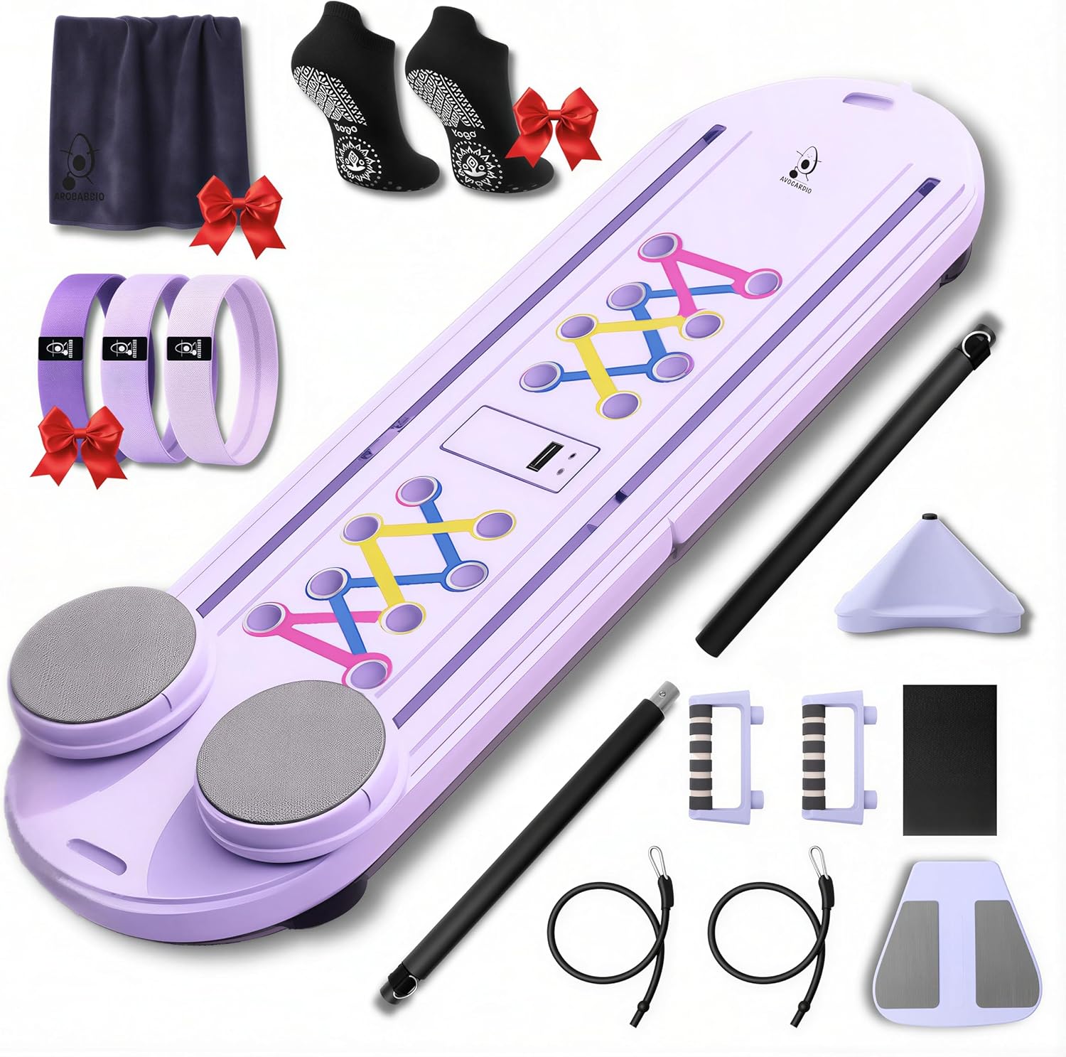 AVOCARDIO Foldable Pilates Reformer Board - Multifunctional 10-in-1 Set - Home Workout Equipment - Portable Home Gym Pilates Kit with Towel, Resistance Bands and Pilates Socks - Push Up and Abs Board