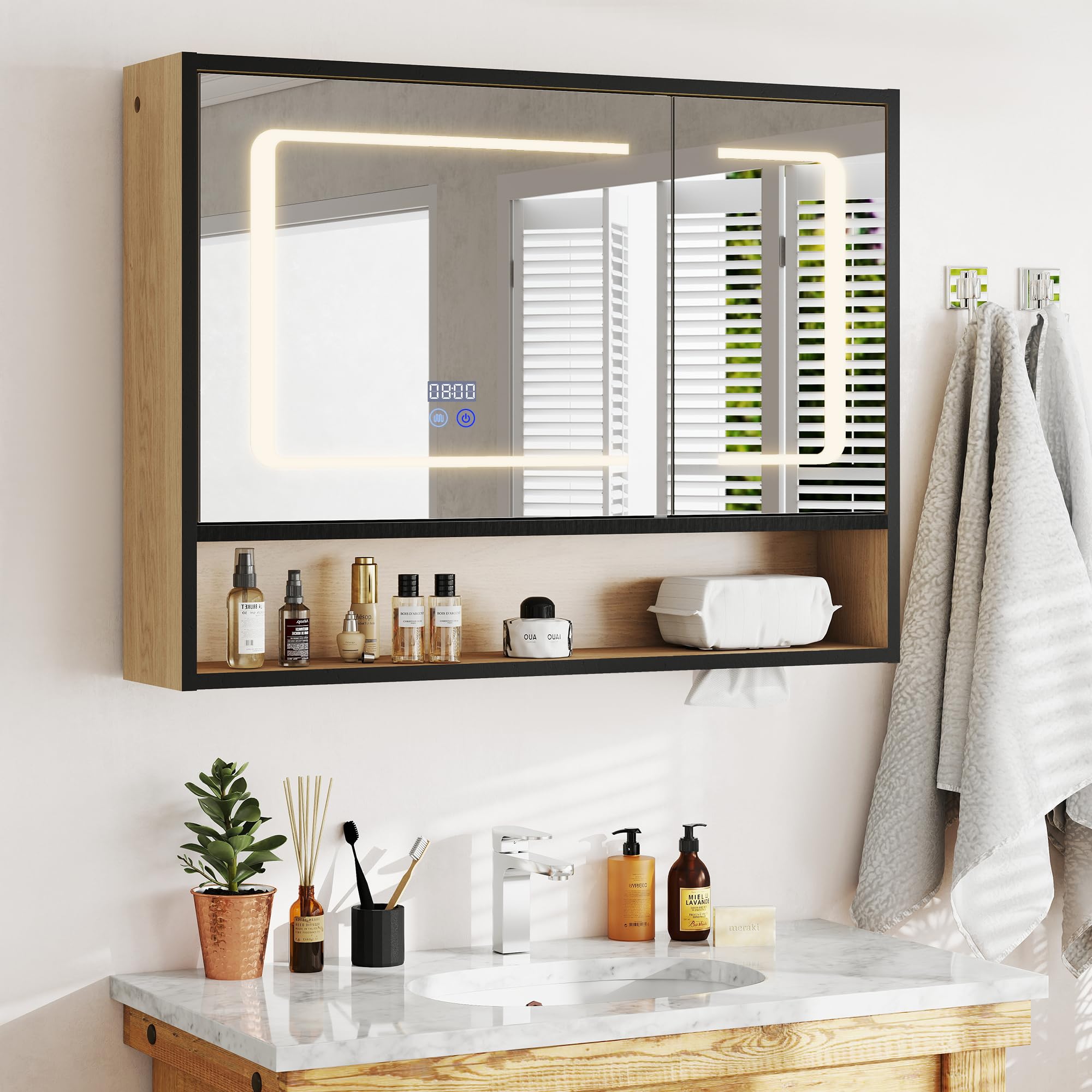 Pamapic Armadietto a specchio bagno con illuminazione, antiappannamento, armadio a parete con visualizzazione dell'ora e della temperatura, mobili per il soggiorno