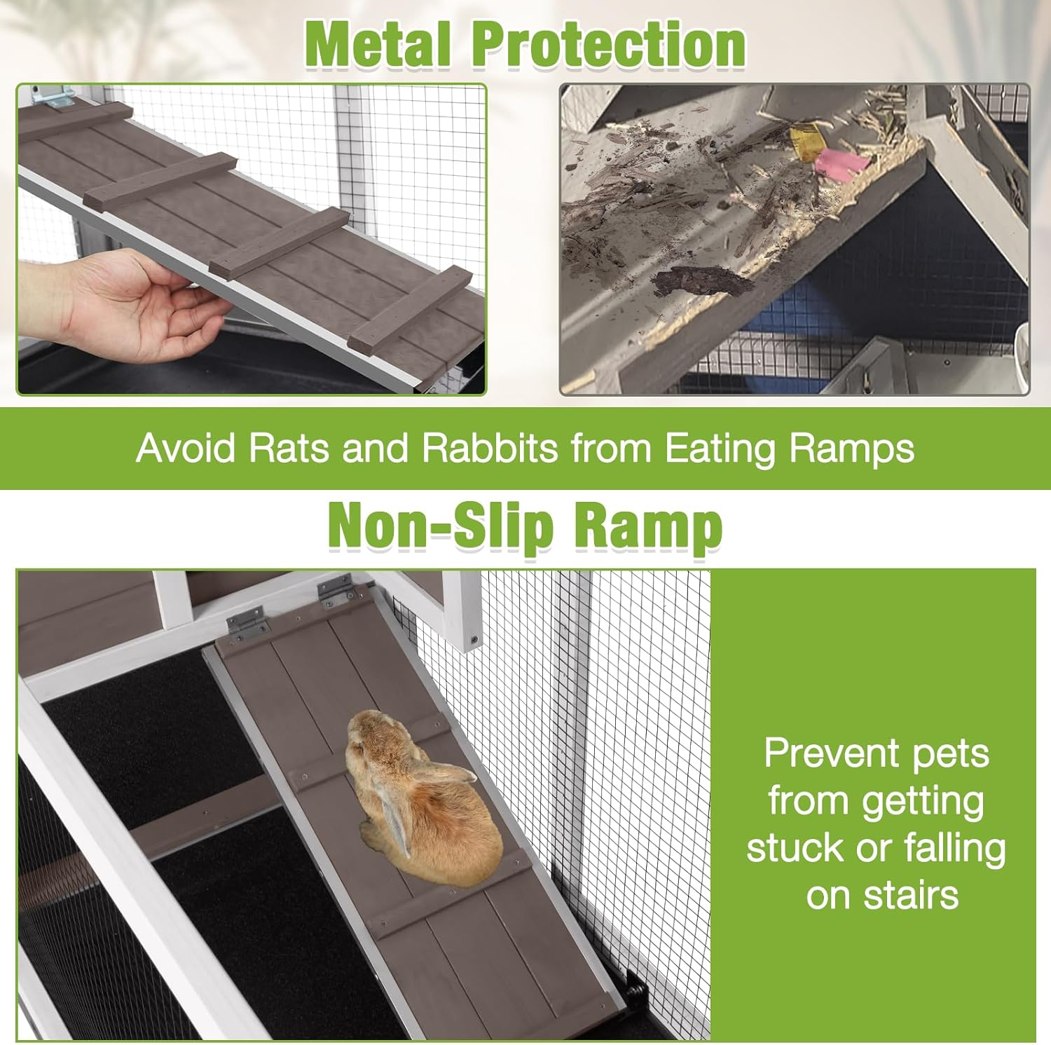 Rabbit Hutch with Chew-Proof Ramp - 62" Large Bunny Cage for Indoor/Outdoor, 2-Story Design Guinea Pig Cages with 6 Lockable Wheels & 3 Leak-Proof Trays (Brown)