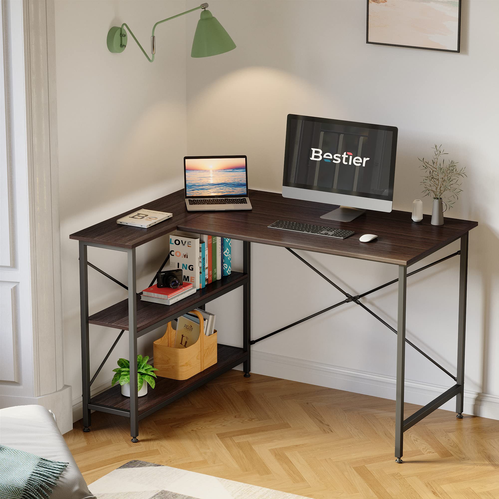 Bestier Small L Shaped Desk with Shelves 47 Inch Reversible Corner