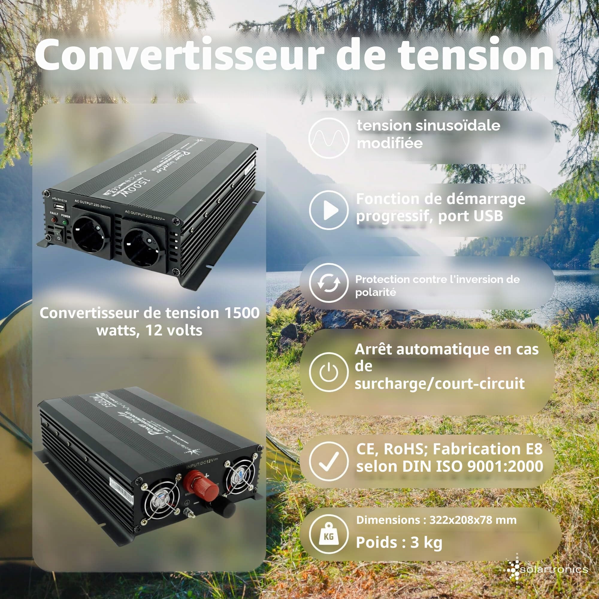 SOLARTRONICS Kit Complet 3 Panneaux solaires de 130 W, convertisseur de 1500 W, régulateur de Charge, Installation d'îlot photovoltaïque