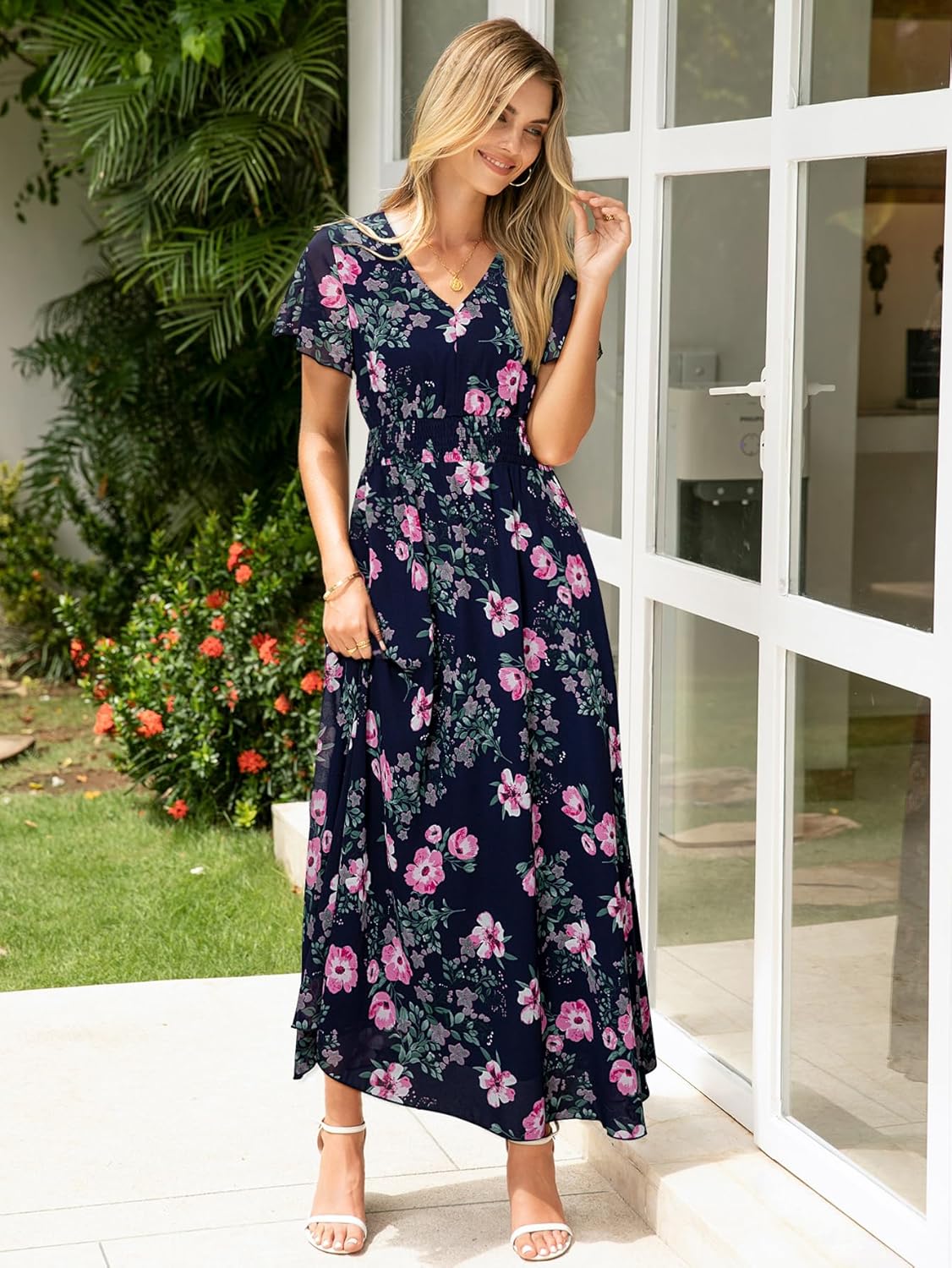 Simplee Womens Floral Maxi Dress Short Sleeve Summer Boho Wedding Guest Dress Empire Waist Chiffon Modest Midi Dresses - Image 3