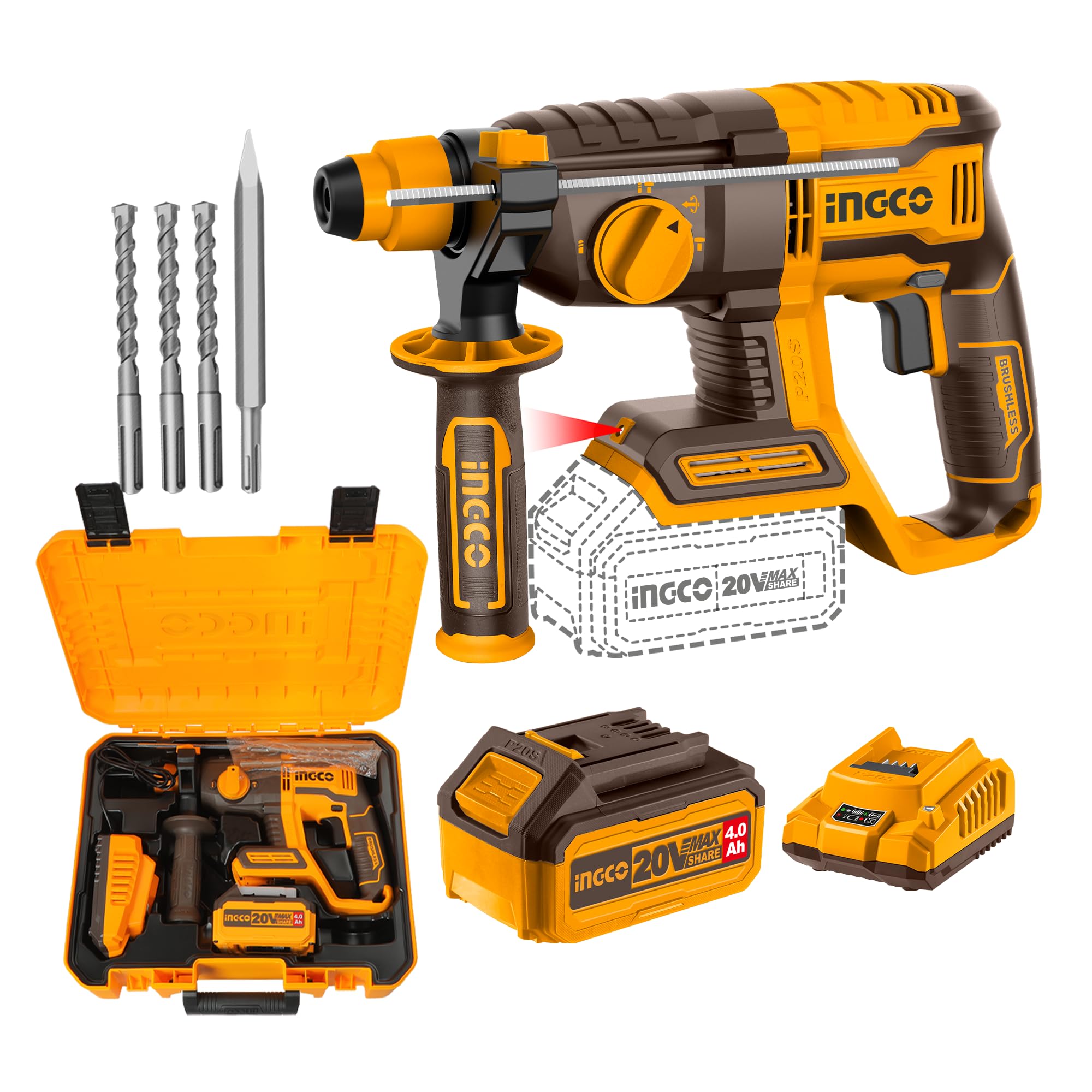 Ingco Cordless Hammer Drill Machine With Larger Battery And Charger, With Drill Bits And Chisel, Demolition Hammer, Sds Plus Chuck (Multicolour) (B0D2GXMHH5) Amazon Price History, Amazon Price Tracker