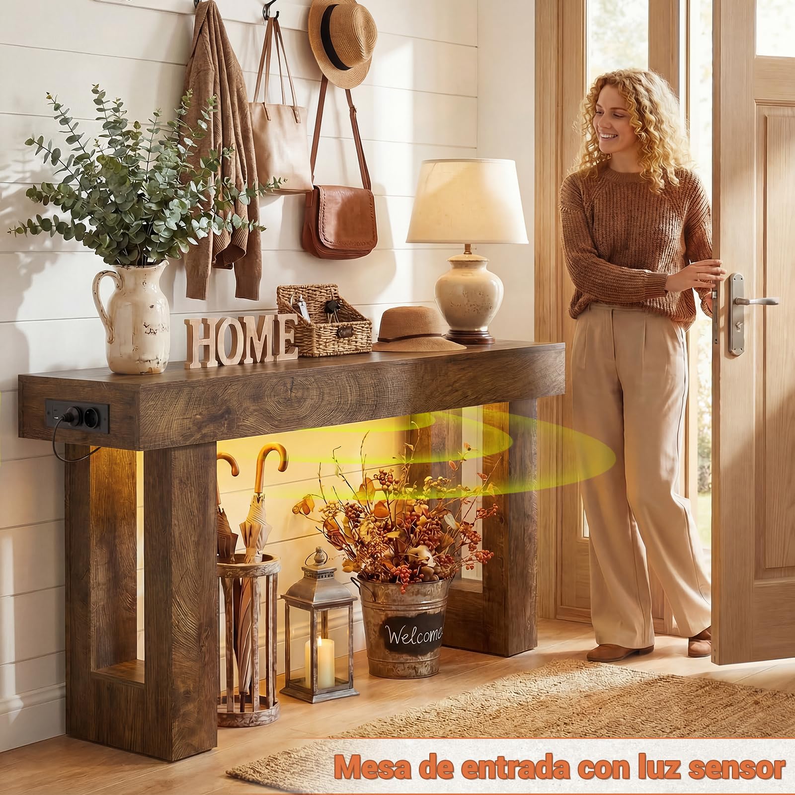 iSunirm Mesa Consola con Enchufes, 120x35x85 cm Consola Recibidor Estrecha con 2 Enchufes, 2 USB y Luz con Sensor, Pasillo, Salón, Detrás del Sofá, Roble Rústico