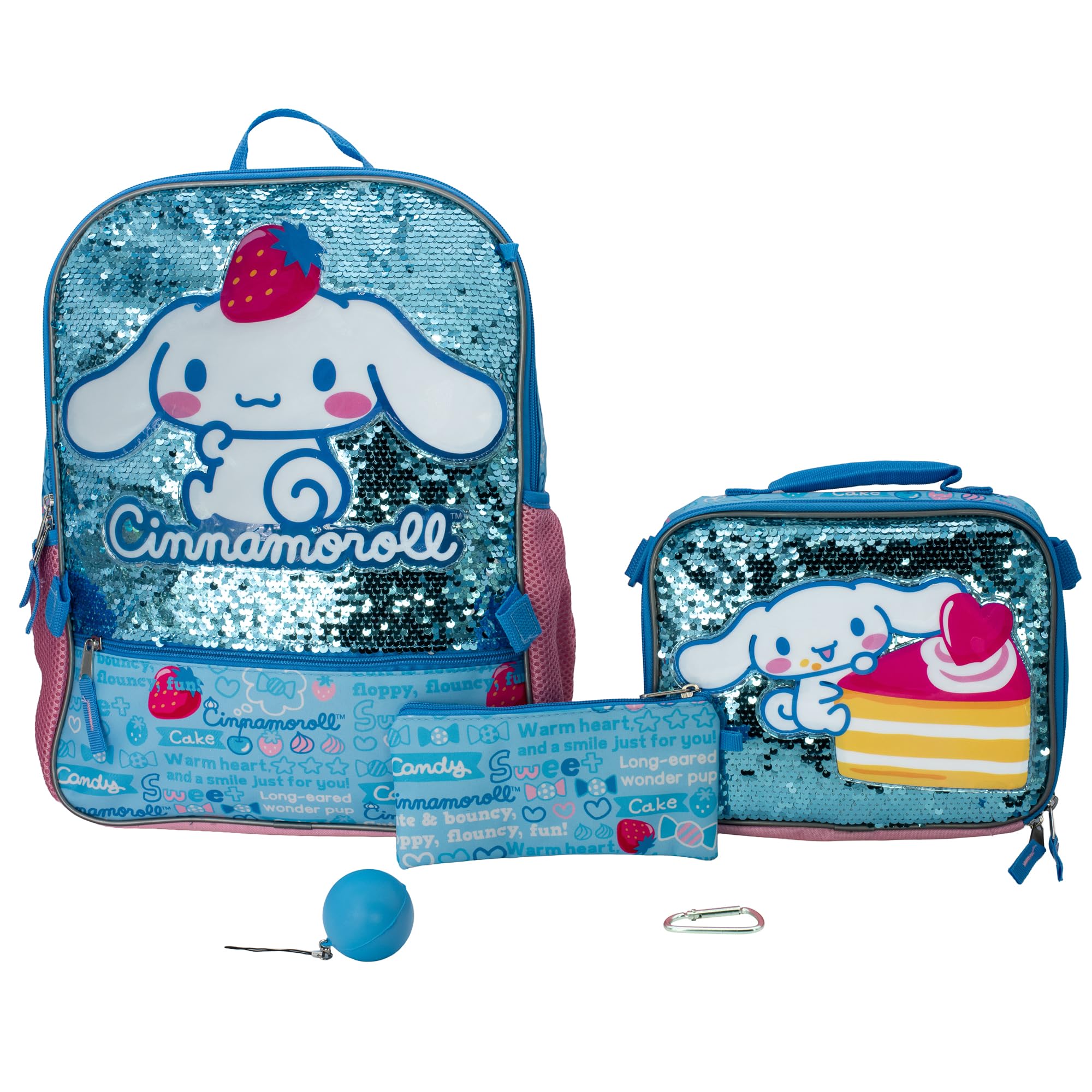 AI ACCESSORY INNOVATIONS Sanrio’s Cinnamoroll 5 Piece Backpack Set, Hello Kitty Kawaii Flip Sequin Girls School Bag with Front Zip Pocket, 2 Side Mesh Pockets, Blue