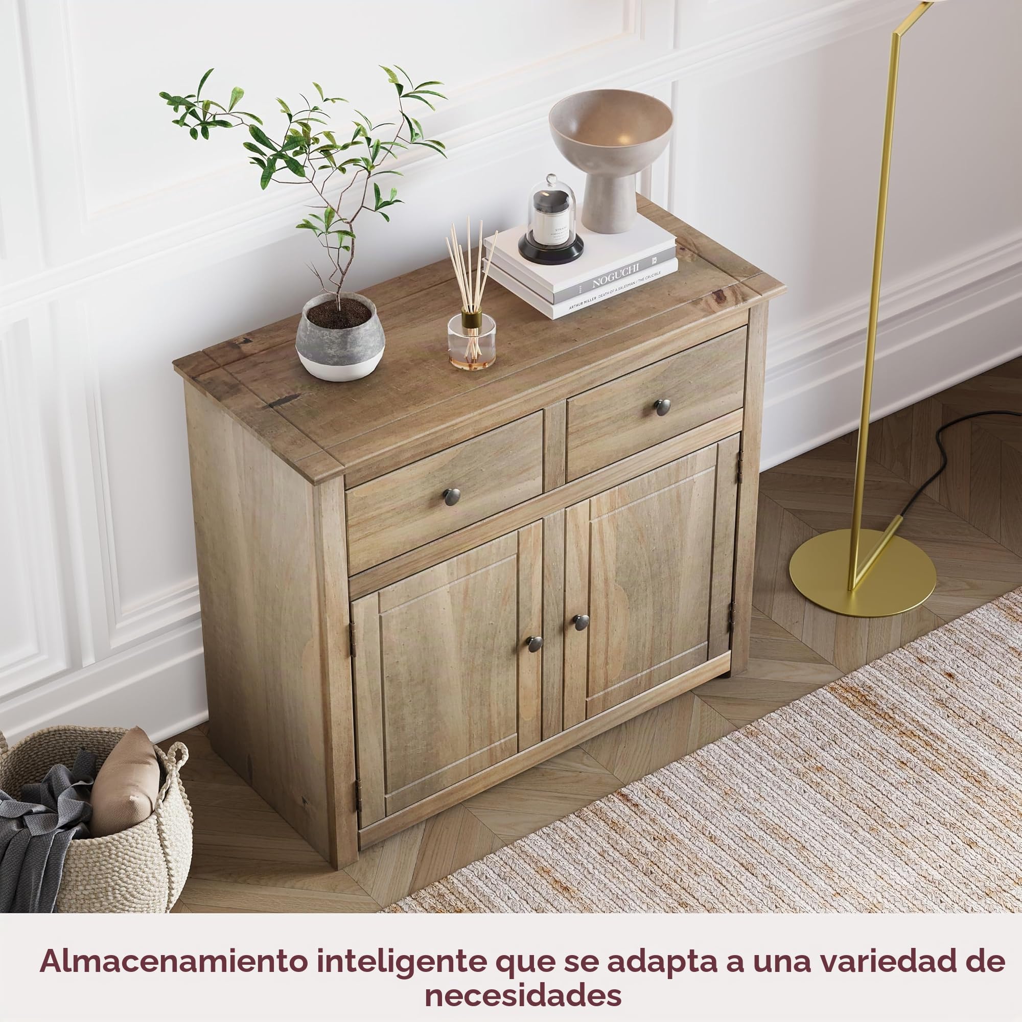 Home Discount Panamá - Aparador con 2 Puertas y 2 cajones. Mueble Resistente en Color Roble Natural y Encerado.