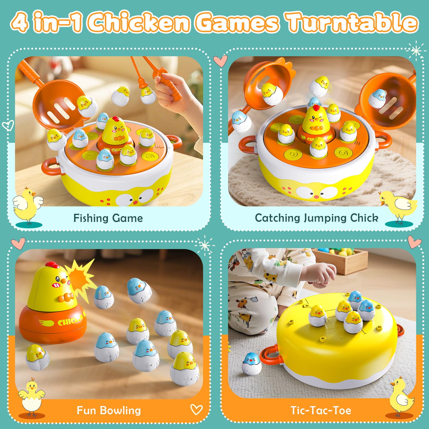 BunnyJOY Set di Pesca Magnetica 4 in 1 con Pulcini per Bambini 3+ Anni Giocattolo Educativo Montessori Interattivo con Musica, Gioco per Bambini di Pesce con Rete, Regalo per Ragazzi e Ragazze 3 4 5 6
