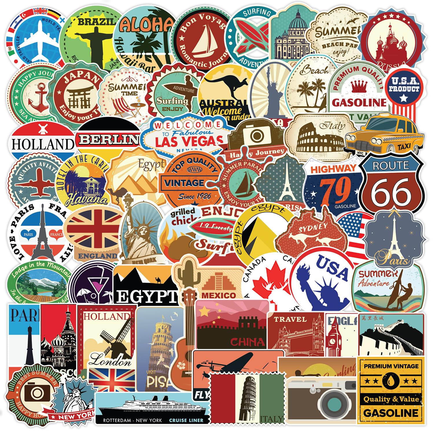 Kaderas Colourful 100 Travel Stickers, World Famous Country Landmark City Logo Sticker For Suitcase Scrapbook Laptop Macbook
