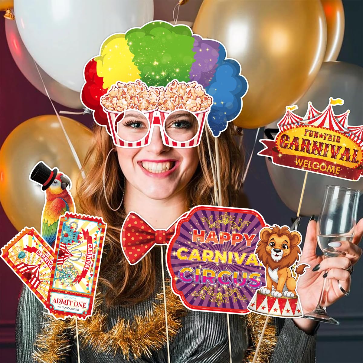 Accesorios para fotomatón de carnaval, 30 piezas de decoraciones de carnaval, decoraciones de fiesta temática de circo, accesorios divertidos para selfies para fiestas temáticas de circo