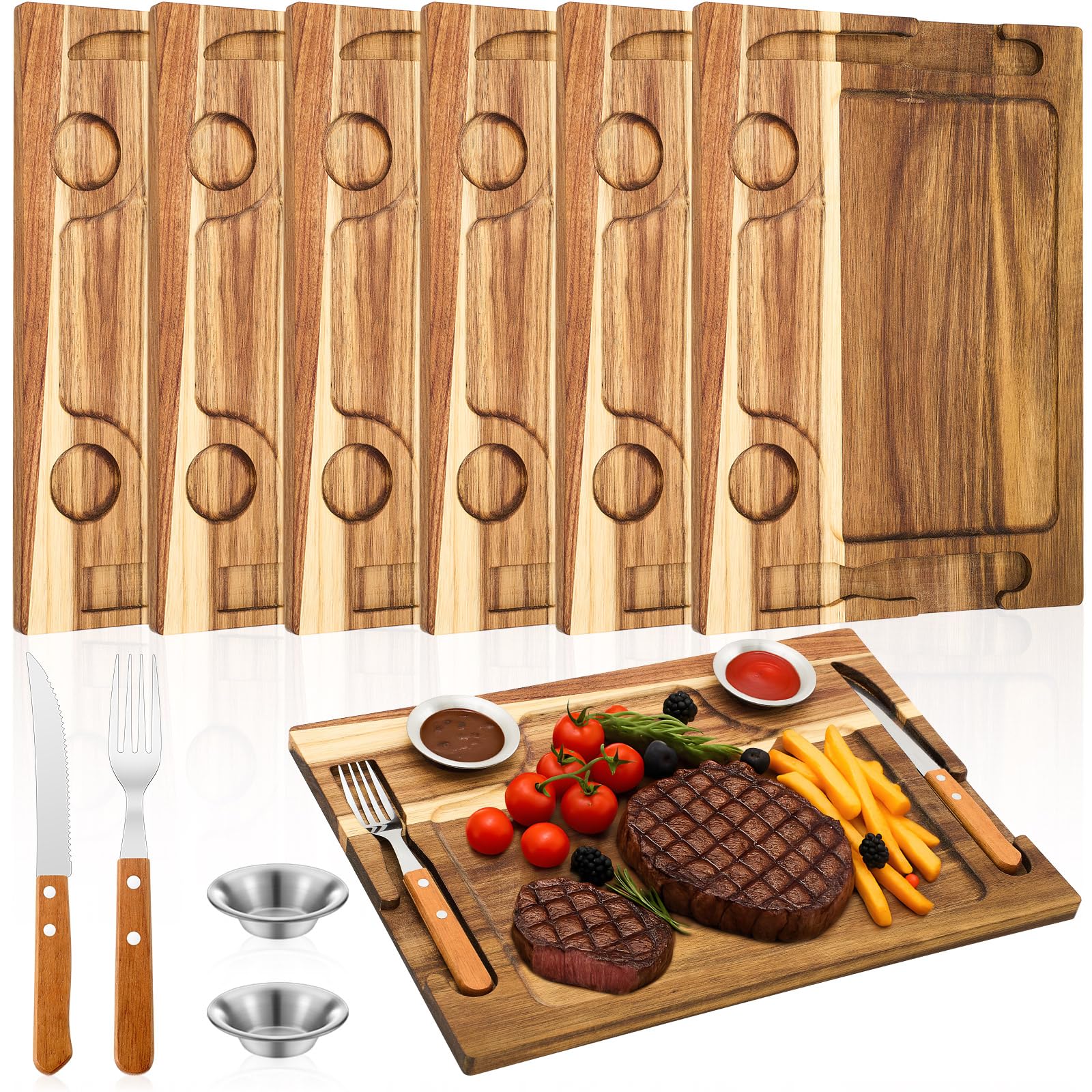 Honeydak 6 Set Acacia Wooden Steak Board Steak Plate Cutting Board with Fork, Knife and Sauce Cups 15.7 Inches Wood Serving Tray for Cheese Charcuterie Meat and Poultry, Birthday Wedding Gift