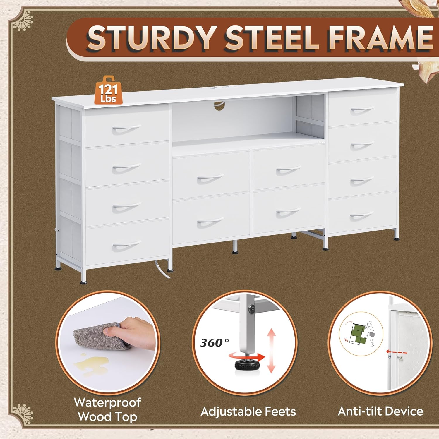 White TV Stand for 65, 70, 75 inch TV, Entertainment Center with LED Lights & Charging Station, TV Media Console Table with 12 Fabric Drawers and Open Shelves for Living Room, Hallway