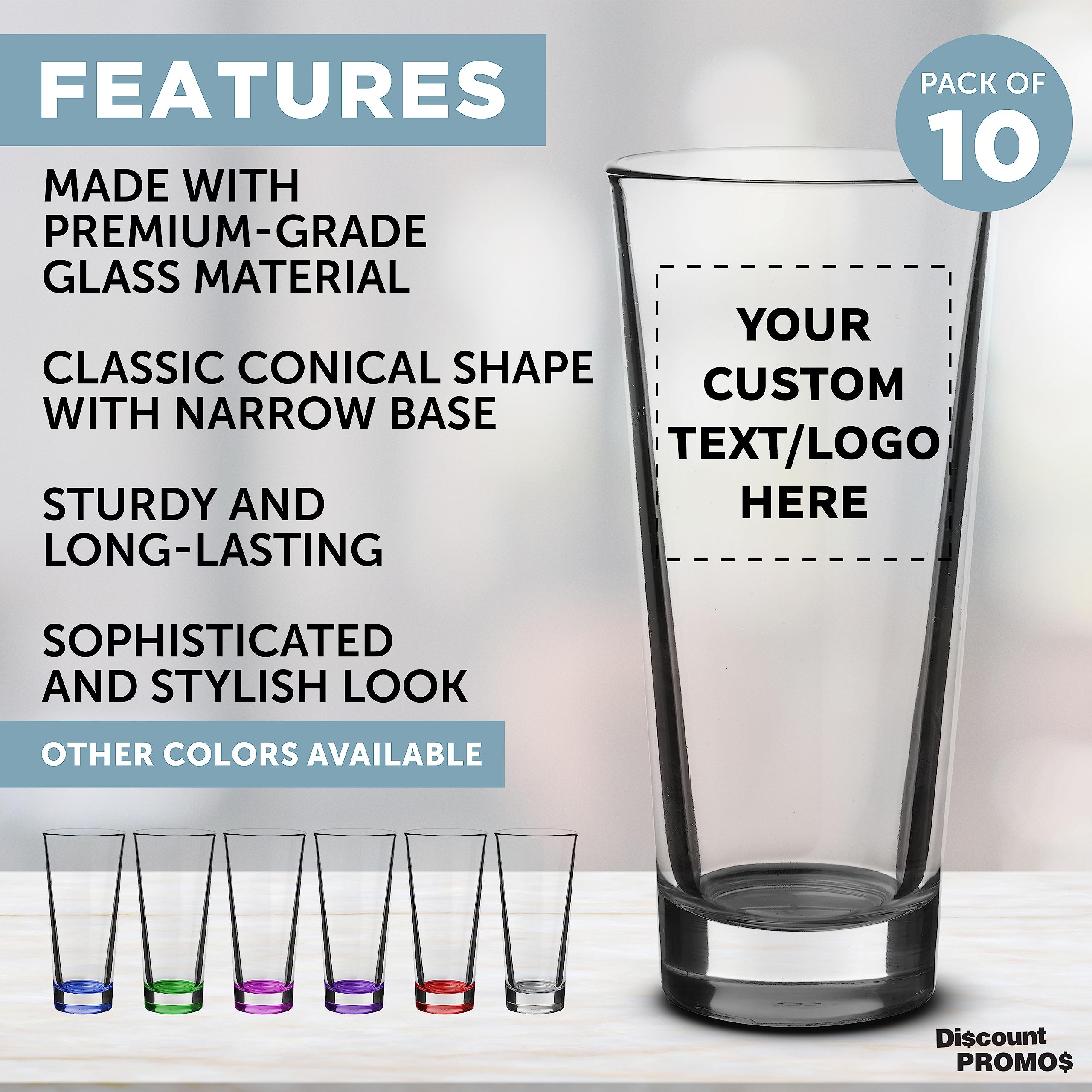 DISCOUNT PROMOS Custom 17 oz. Atenez Highball Glasses, Set of 10 Personalized Products with Business Logo/Custom Text, Bourbon Conical Shaped Bar Glasses for Restaurant, Black