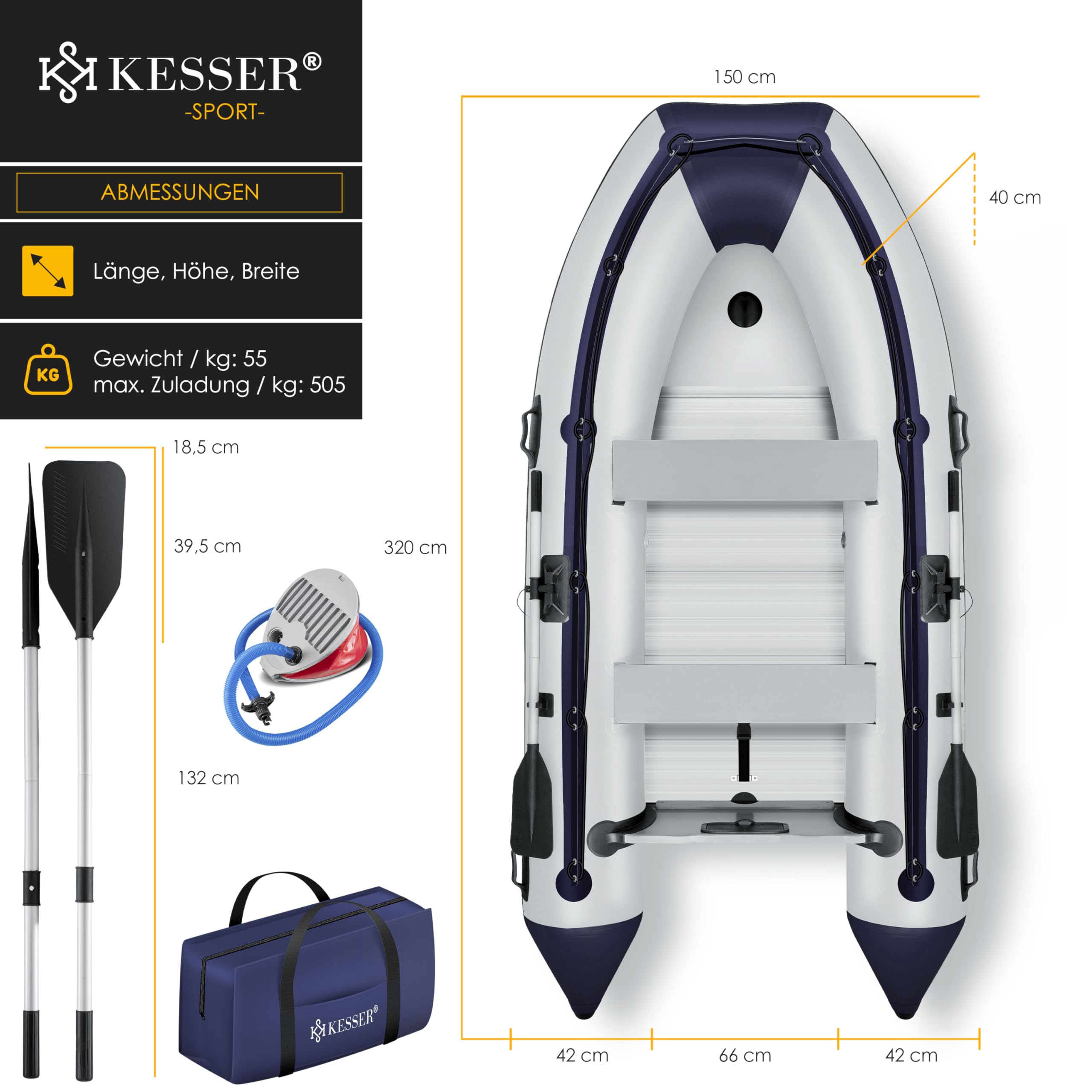 KESSER® Gommone di 3,20 m per 4 Persone - Compatibile con Motore Wave Imbarcazione da diporto Barca a Remi Barca a Motore Barca da Pesca - con 2 panche - Fondo in Alluminio Remi Pompa