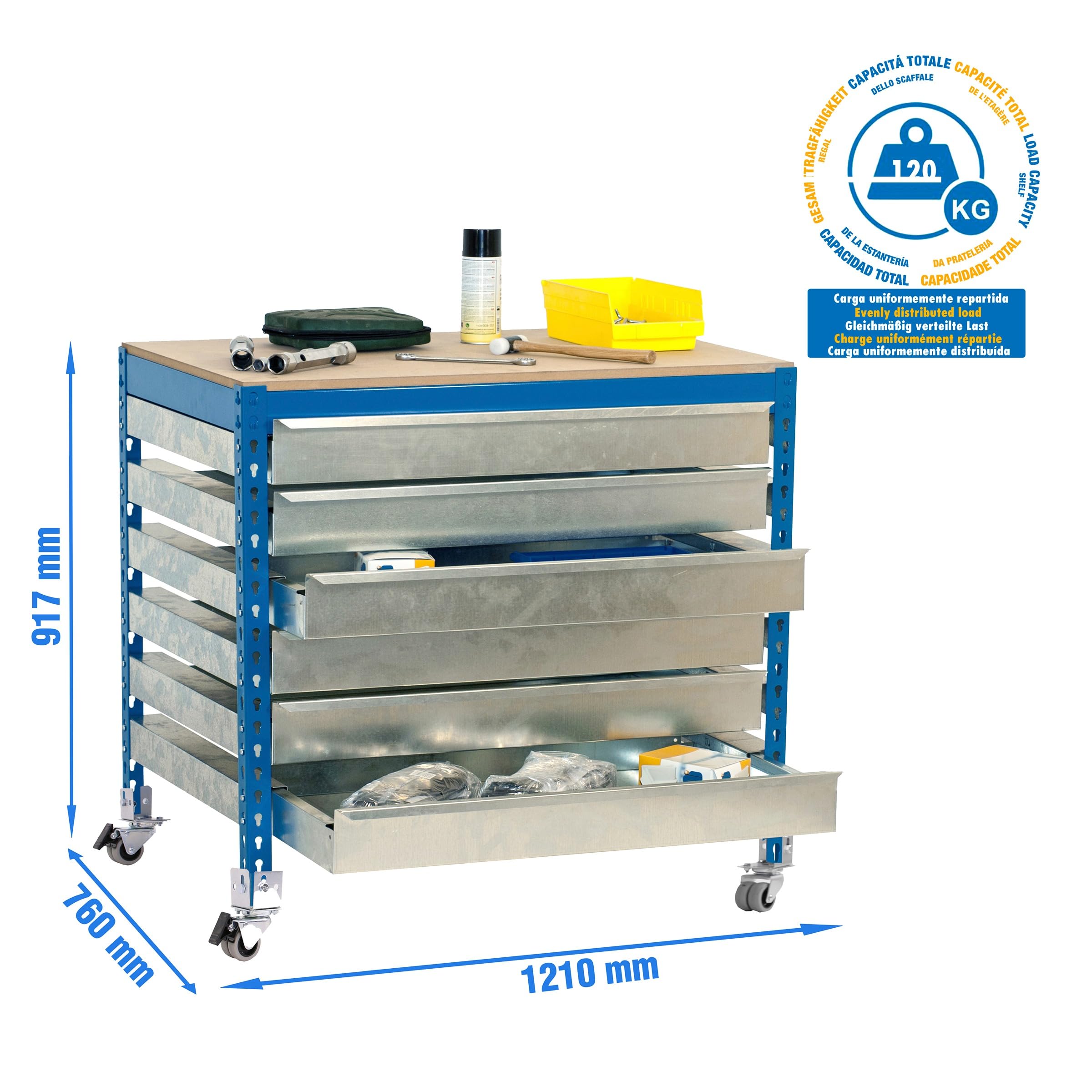 Simon Rack Banco de Trabajo Taller con Ruedas 1210x760 mm - BT5 | 6 Cajones, Tablero madera 16 mm, Capacidad Carga 120 kg, Azul , Pintura anticorrosión, Montaje sistema clic
