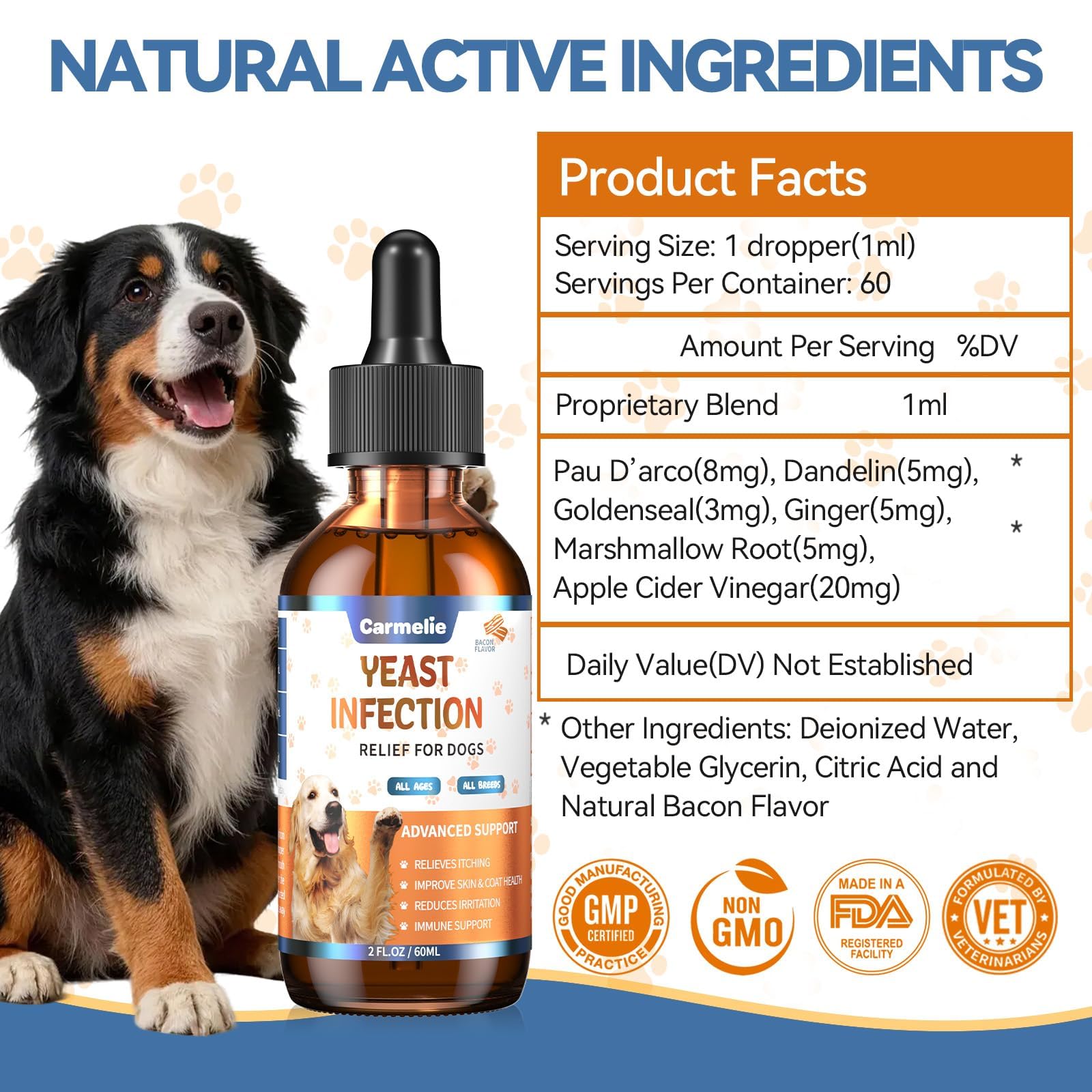 Natural Yeast Relief for Dogs, Support Healthy Itch Relief, Ear Paw Discomfort Care, Itch Relief for Dog, Allergy Supports, Inflammation Relief for Dogs, 60ml Bacon Flavor - image 8