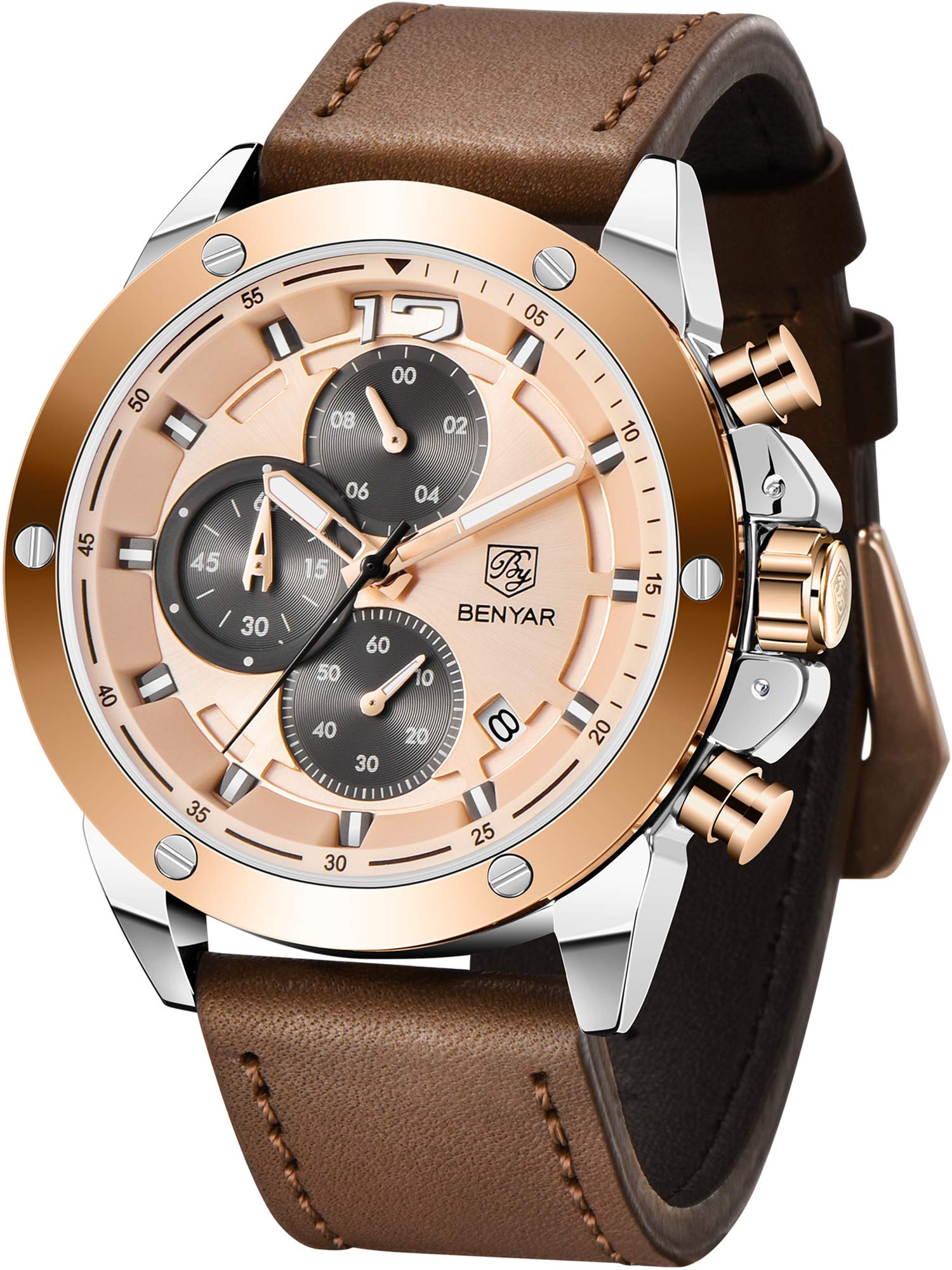 By Benyarbenyar Mens Analog Chronograph Quartz Watch With Leather - Main Image