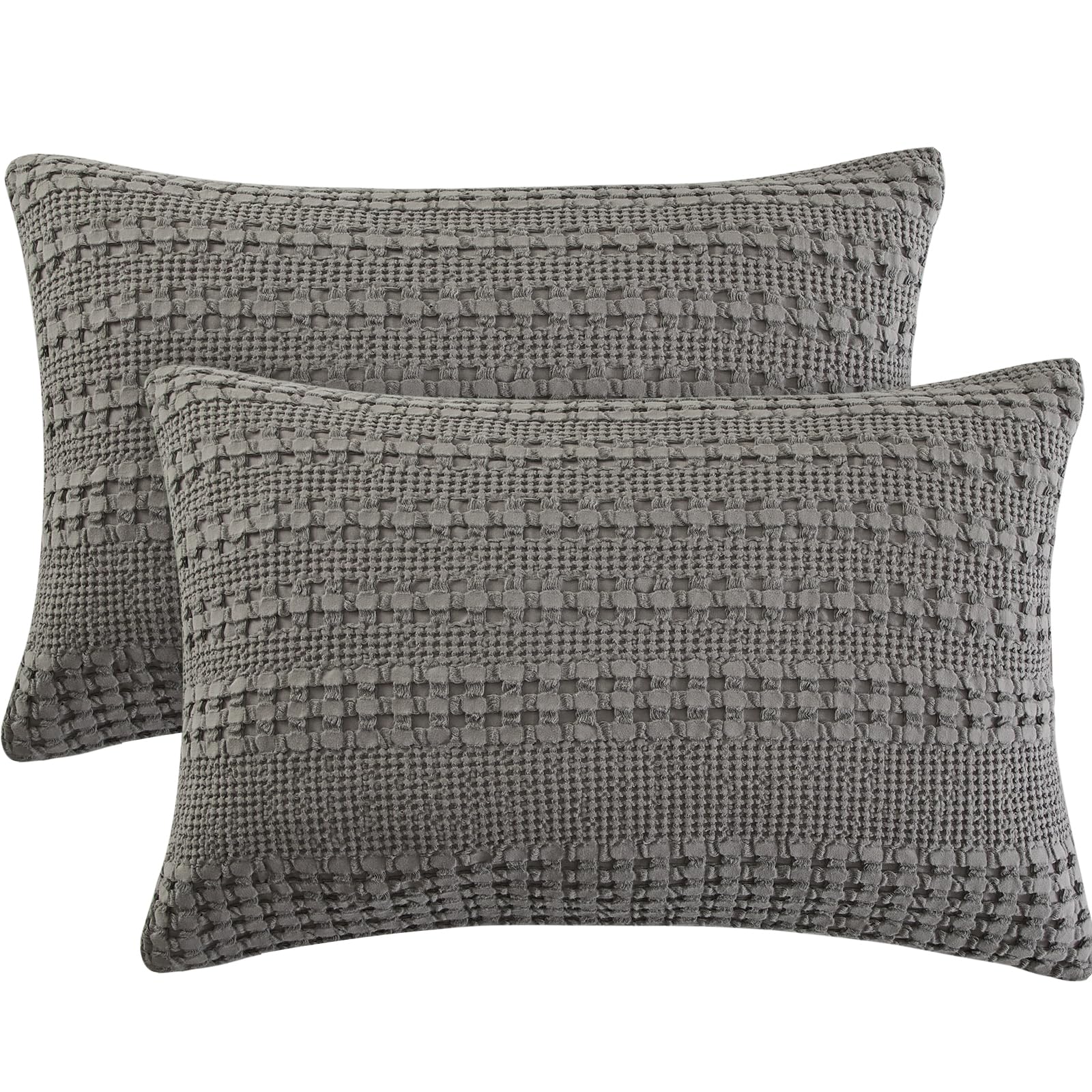 phf 100% cotton waffle pillow shams queen size, 2 pack 20" x 30" soft skin-friendly pillowcases, no filling, aesthetic woven and breathable waffle weave pillow case covers for bed, dark grey