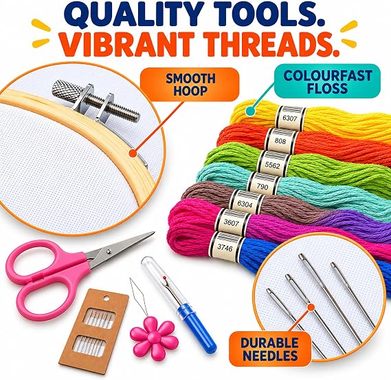 Azenera Beginner Embroidery Kit (4 Pack) Learn 33 Stitches with Easy DIY Video Tutorials, Coloured Design Patterns, Thread Floss, Cross Stitch Hoop, Gift (AZD200)