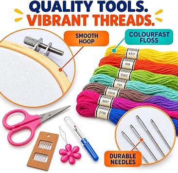 Azenera Beginner Embroidery Kit (4 Pack) Learn 33 Stitches with Easy DIY Video Tutorials, Coloured Design Patterns, Thread Floss, Cross Stitch Hoop, Gift (AZD200)