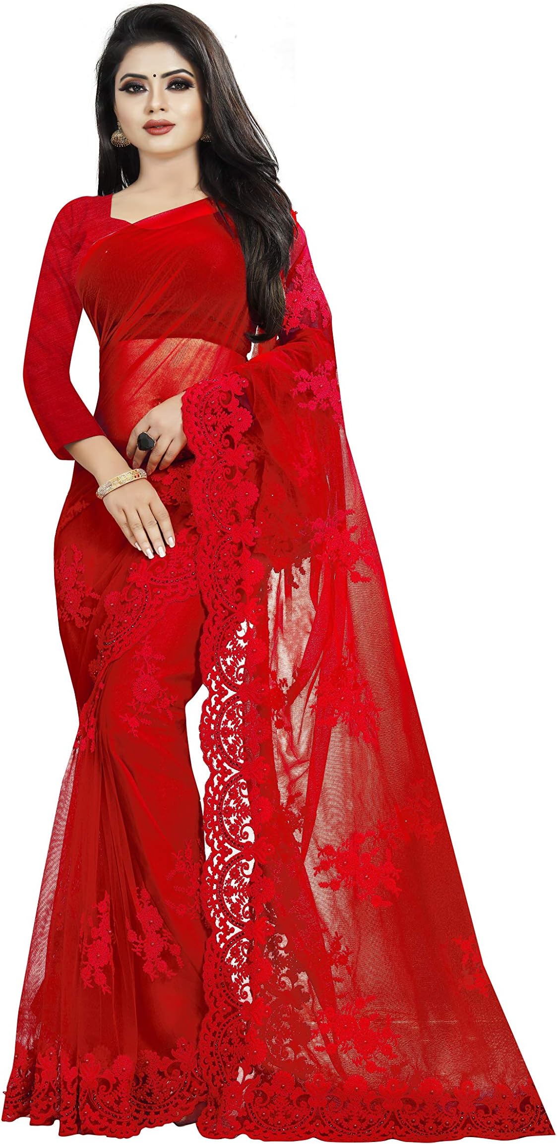 Women's Embroidered Work Net Saree With Unstitch Blouse Piece.