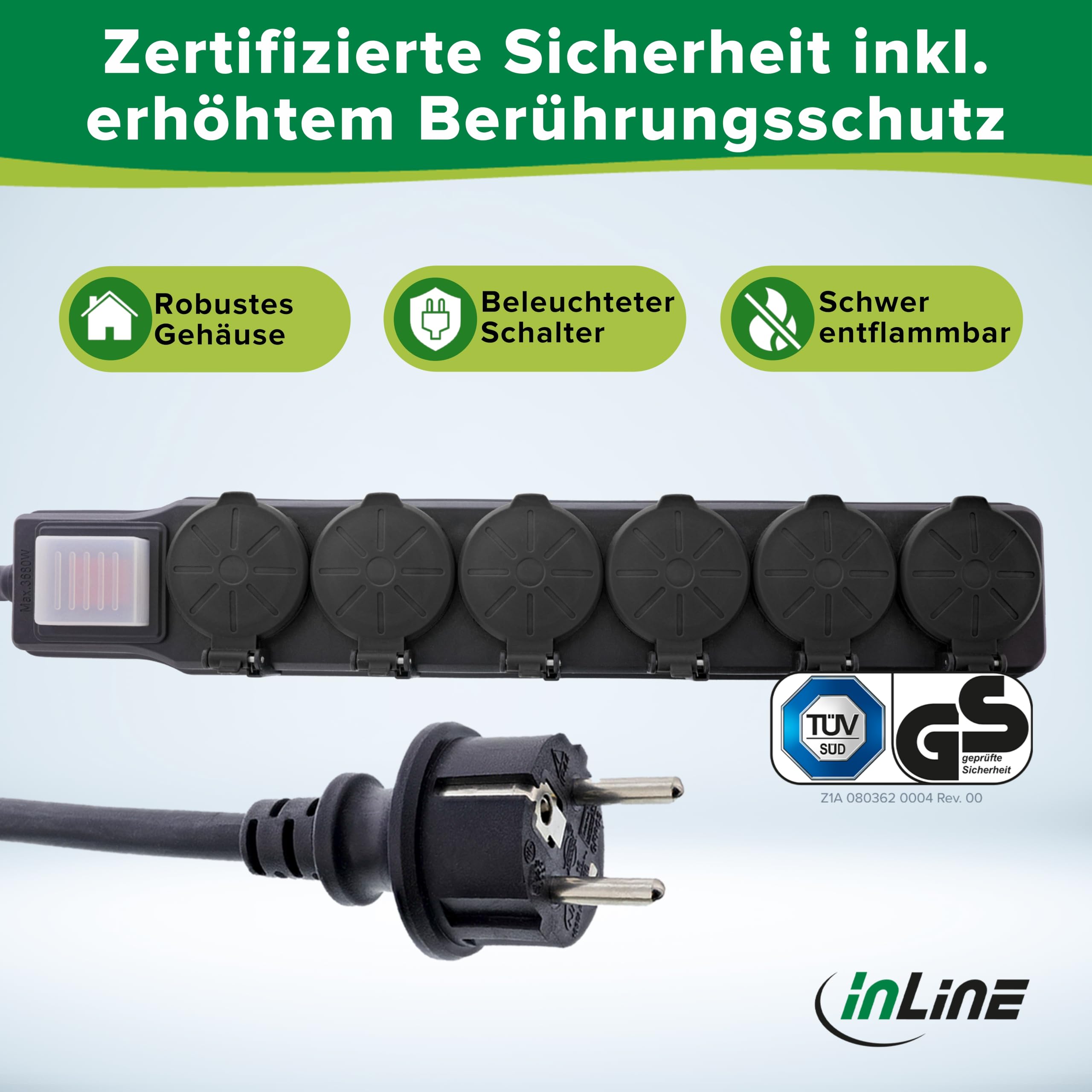 Inline 3-Fach Steckdosenleiste, Außensteckdose, Outdoor, Mehrfachsteckdose, Steckerleiste, IP44, mit beleuchtetem EIN/Aus Schalter, erhöhter Berührungsschutz, Länge: 10m, 16493Q